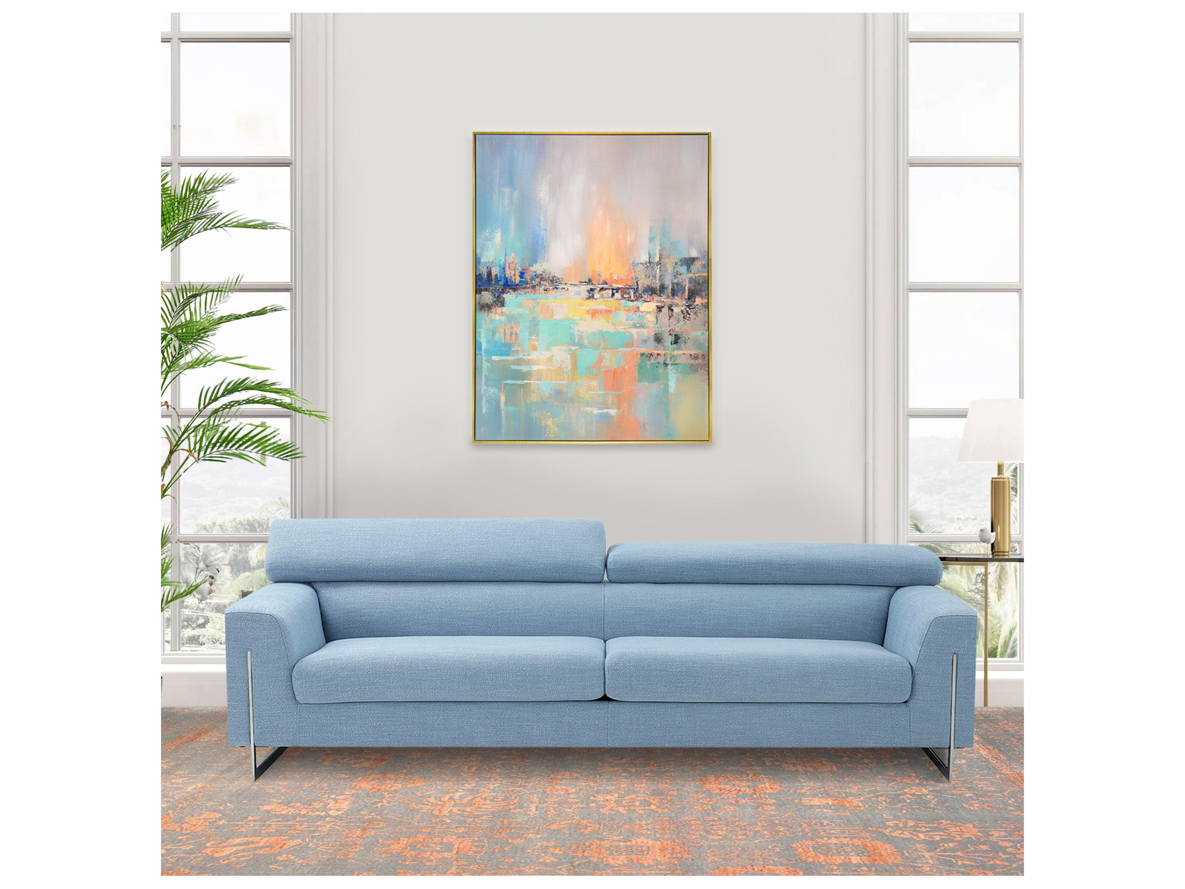 Pasargad Home Lush Mirage Hand-Painted Blue & Multicolor Coastal Landscape Oil Painting 