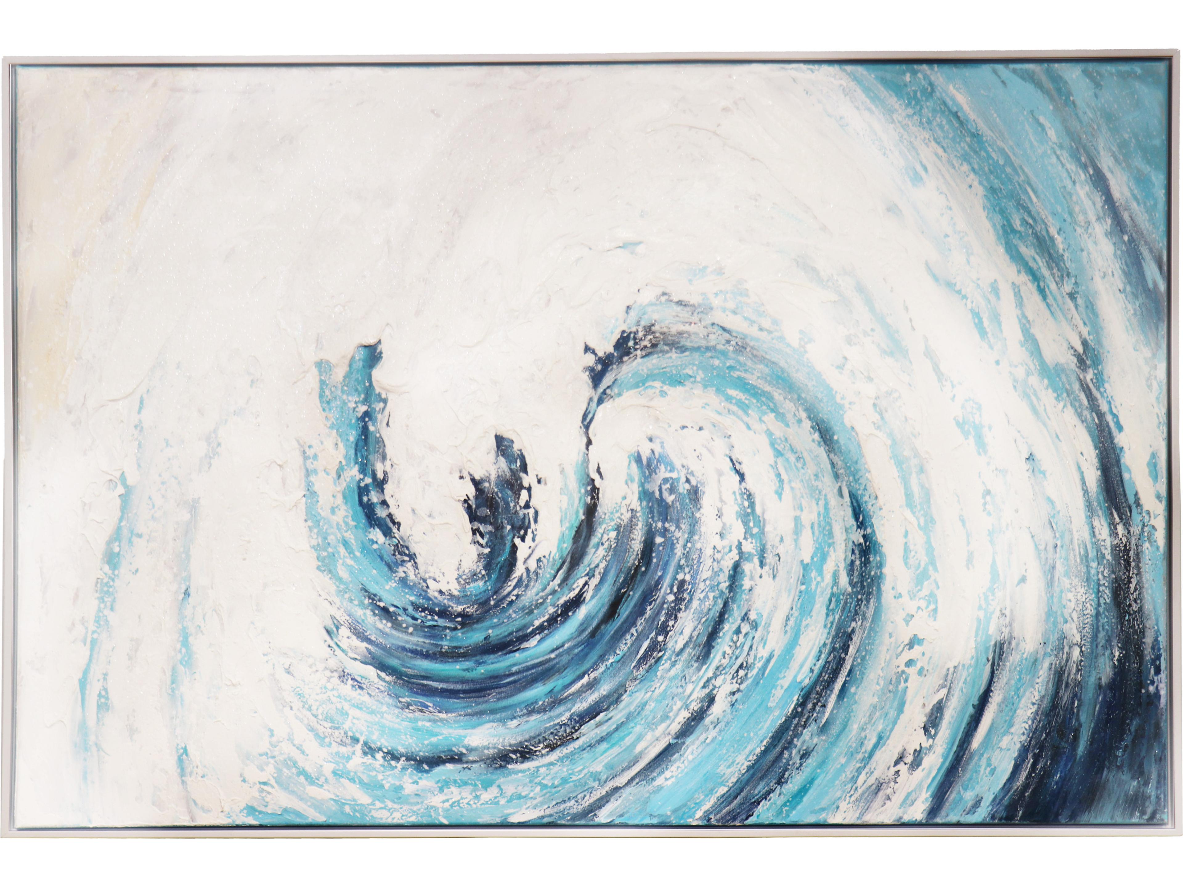 Pasargad Home Lush Tidefall Hand-Painted Blue & White Coastal Wave Oil Painting