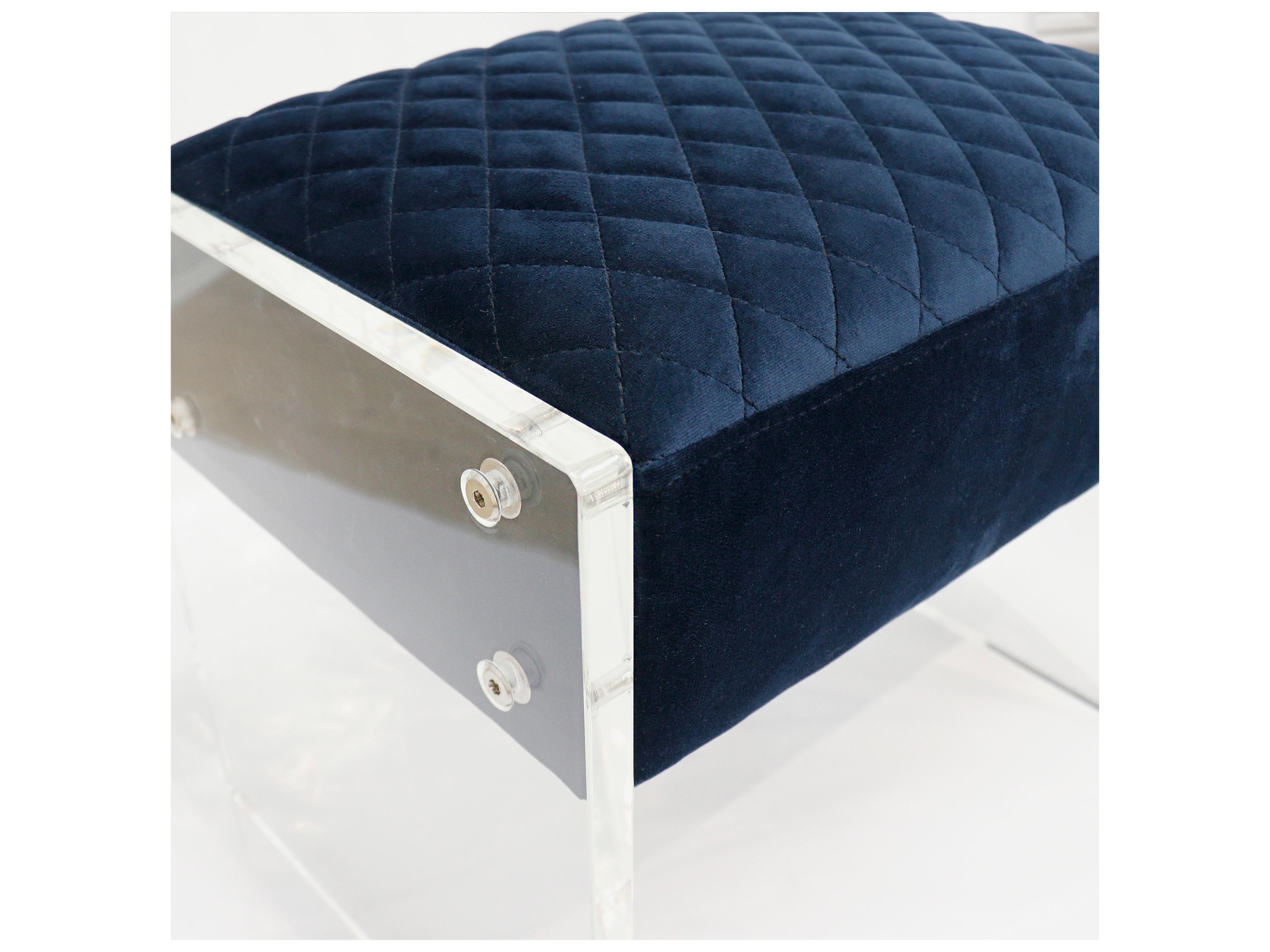 Pasargad Home Tribecca Navy Clear Blue Velvet Upholstered Accent Stool