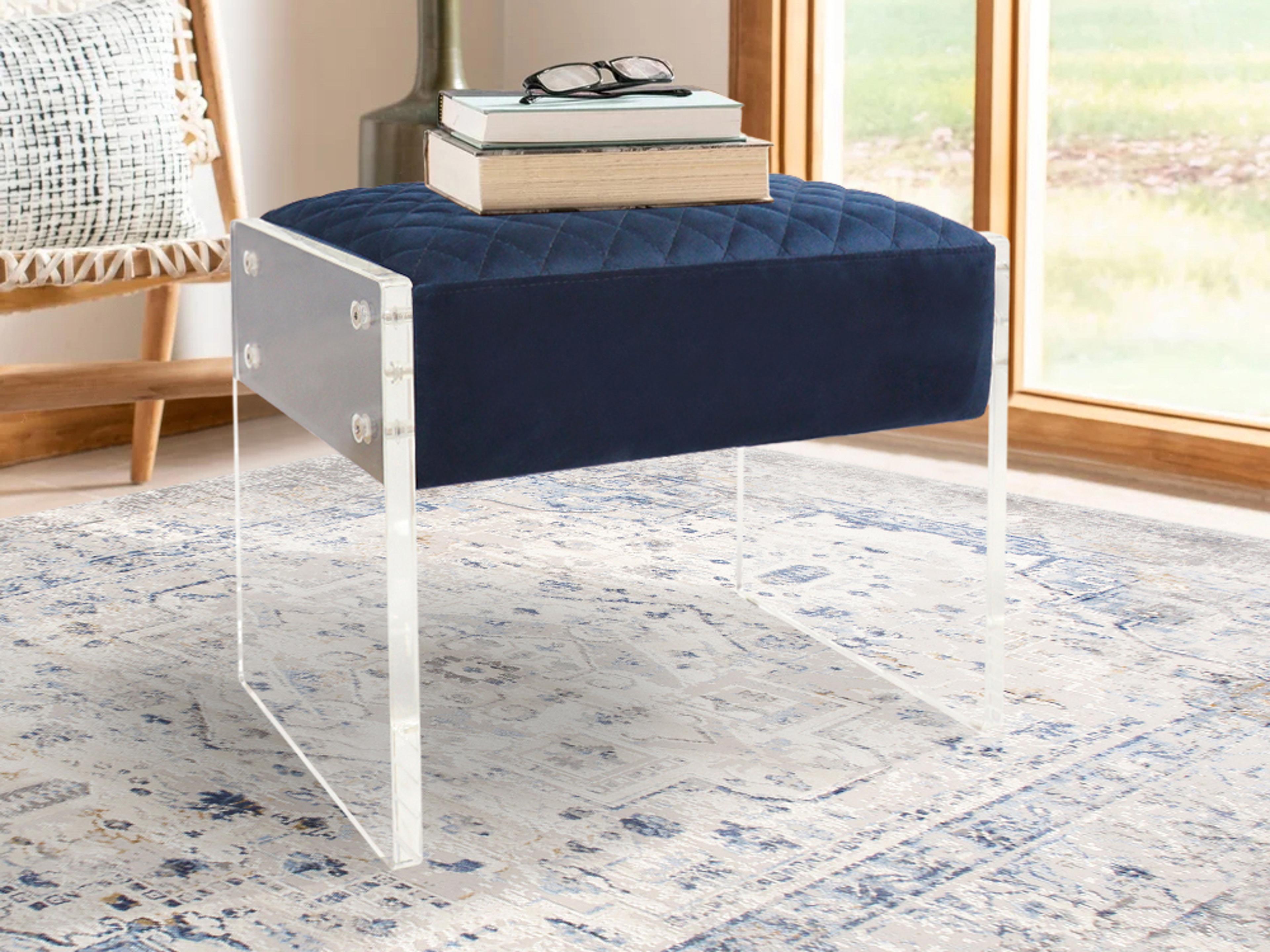 Pasargad Home Tribecca Navy Clear Blue Velvet Upholstered Accent Stool
