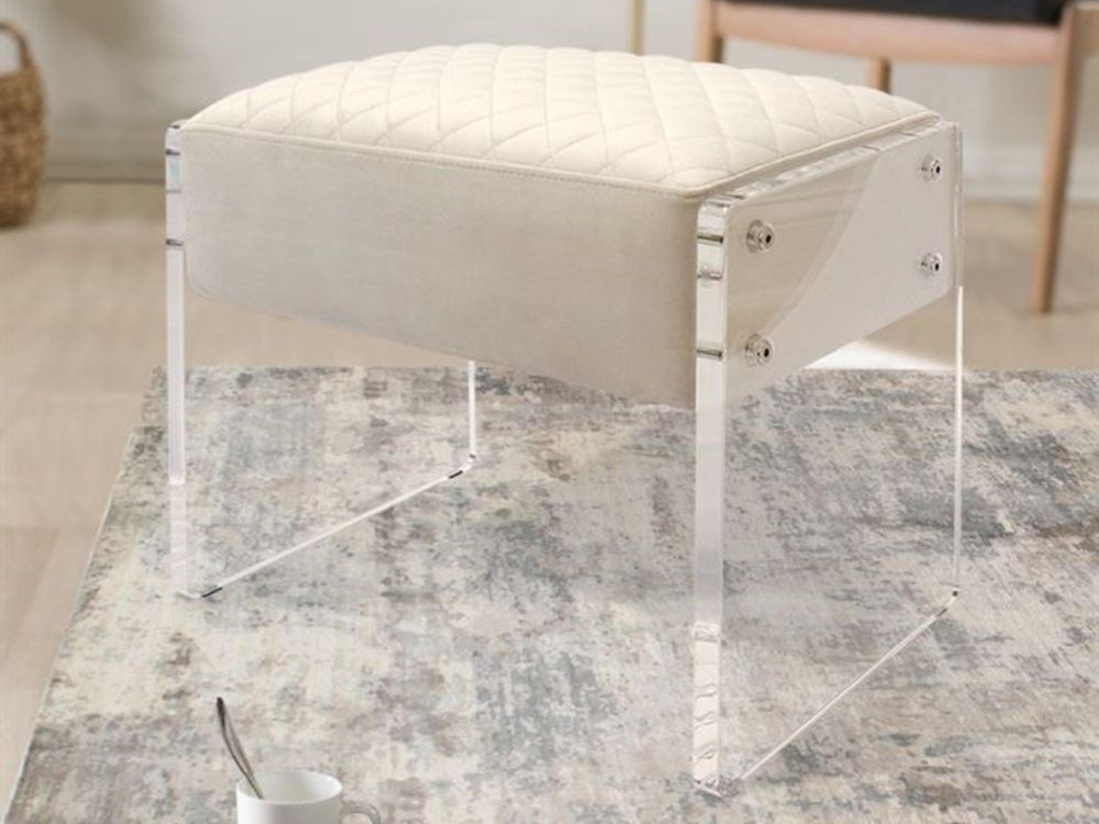 Pasargad Home Tribecca Ivory Clear White Velvet Upholstered Accent Stool