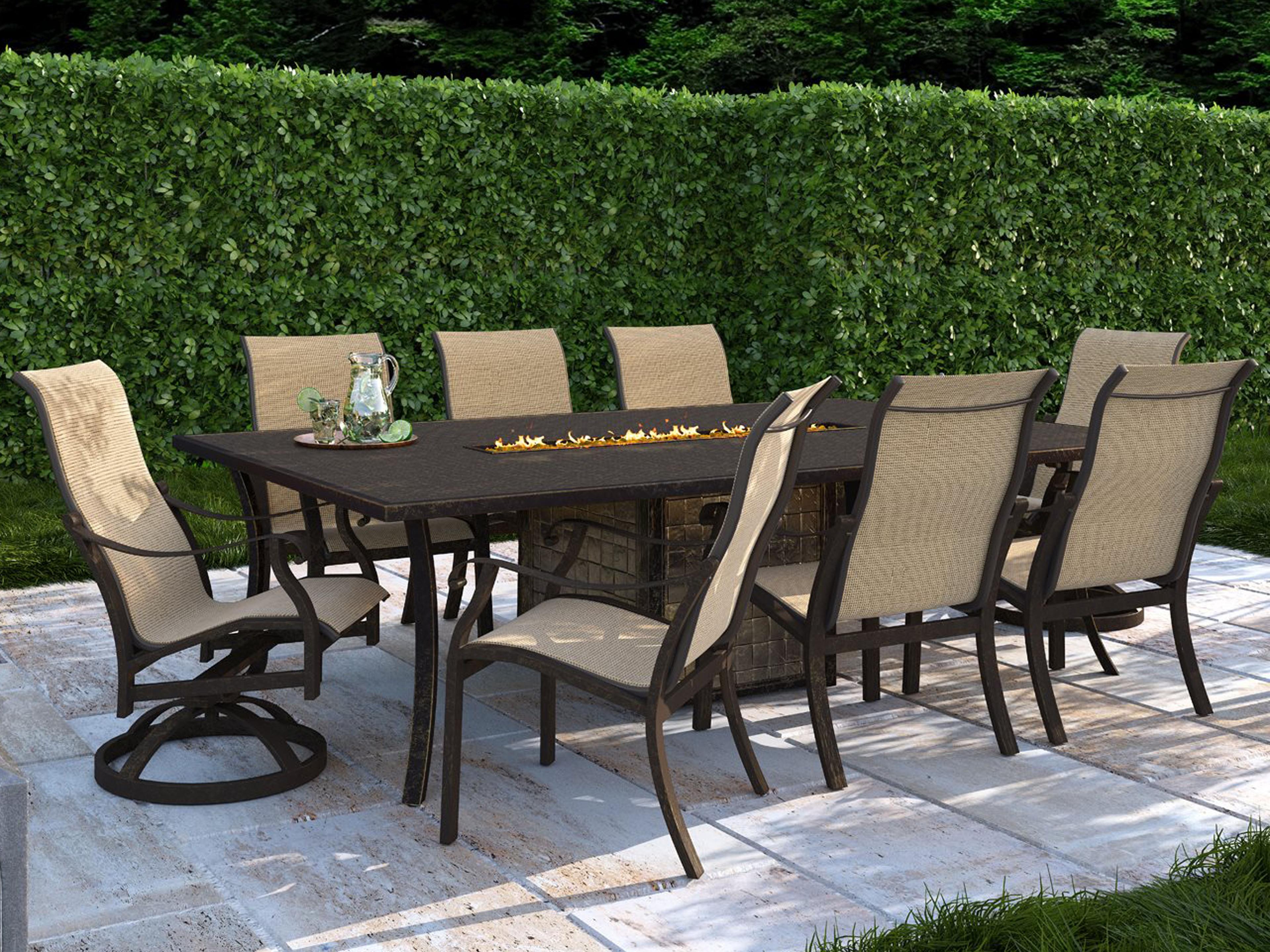 Madrid Sling Cast Aluminum Fire Pit Patio Dining Set