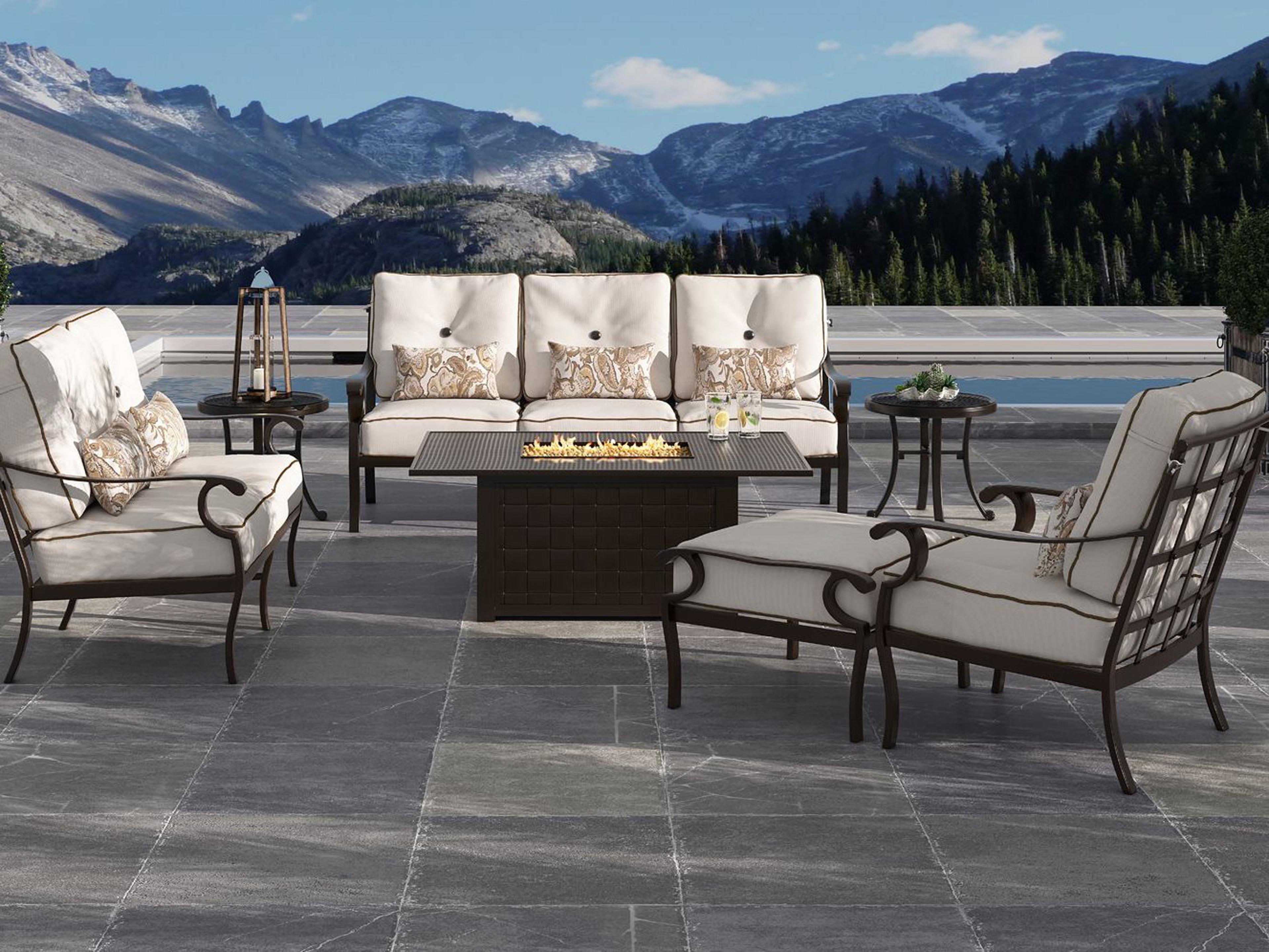 Monterey Deep Seating Cast Aluminum Cushion Fire Pit Patio Lounge Set