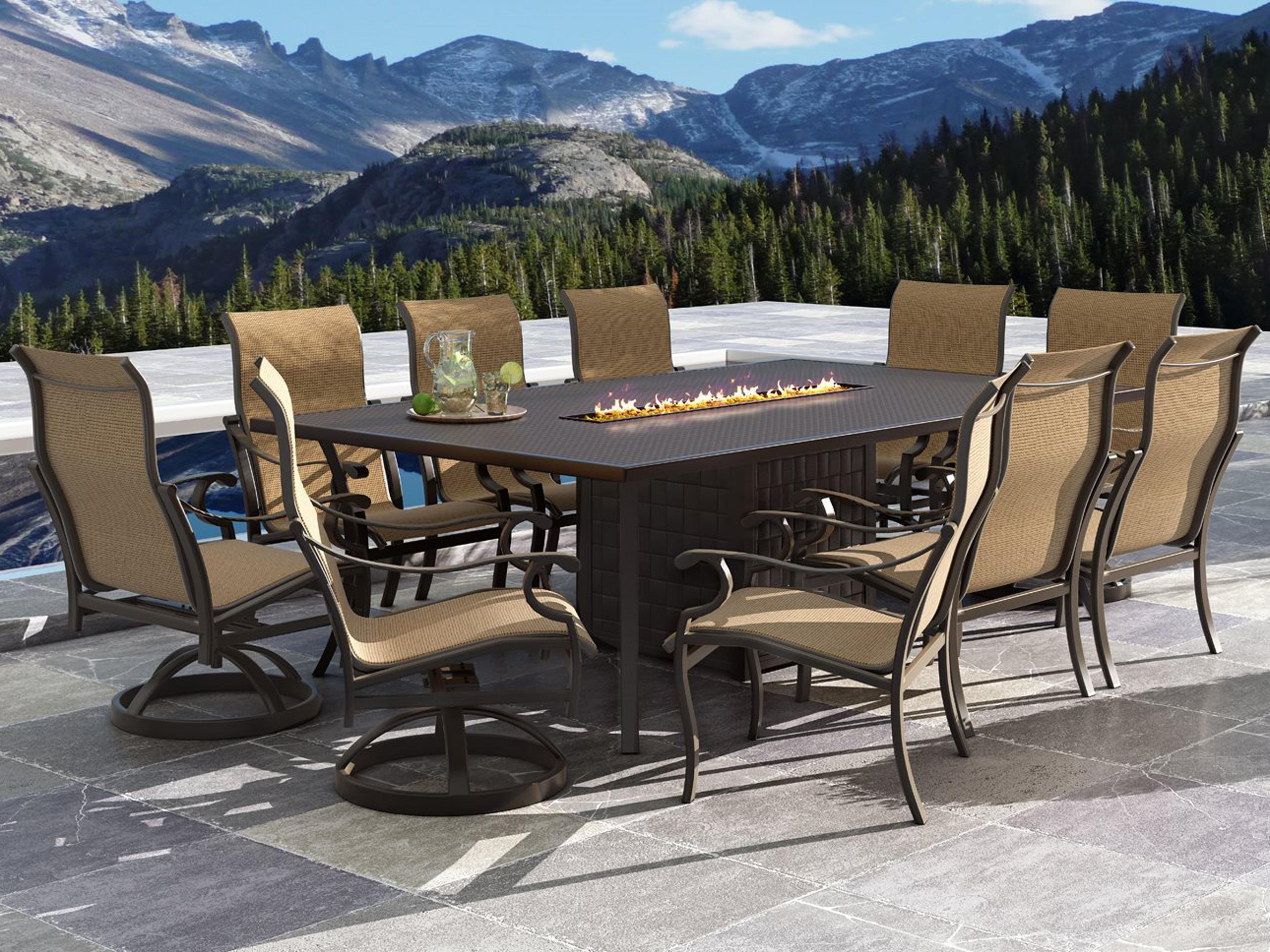 Castelle Monterey Sling Cast Aluminum Fire Pit Outdoor Patio Dining Set