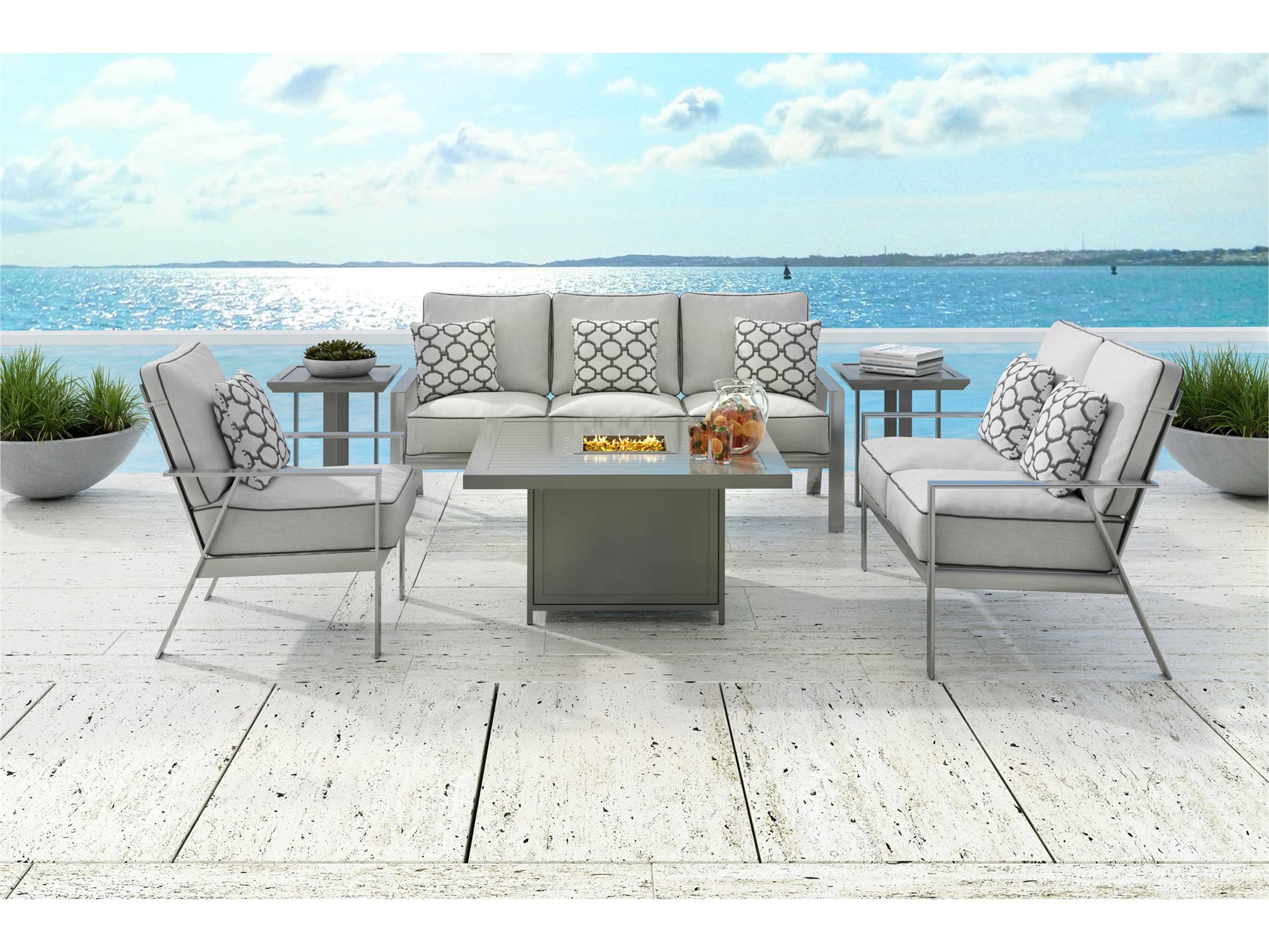 Trento Deep Seating Cushion Cast Aluminum Firepit Patio Lounge Set