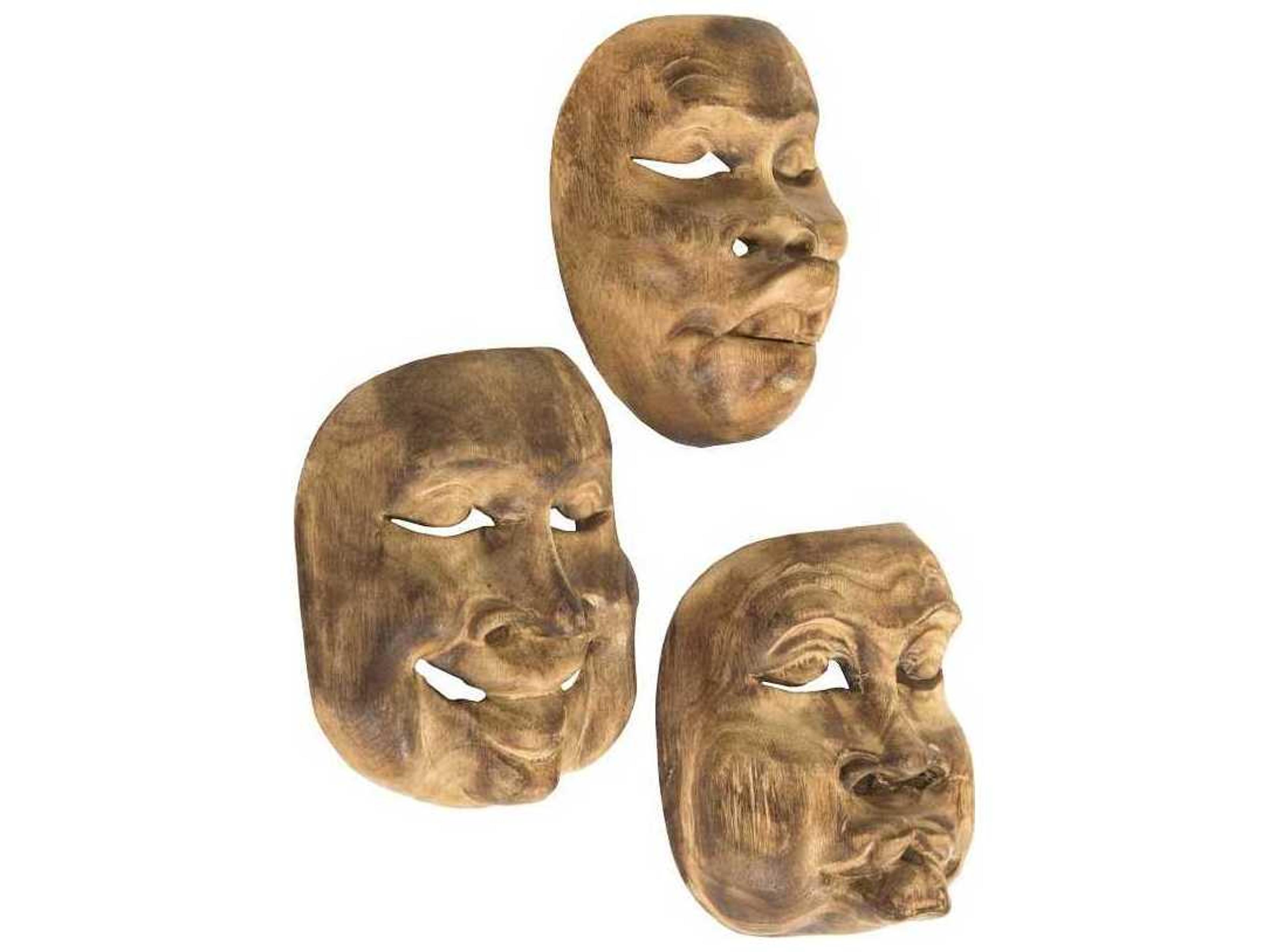 Phillips Collection Teak Wood Indonesian Masks 3D Wall Art Set of 3
