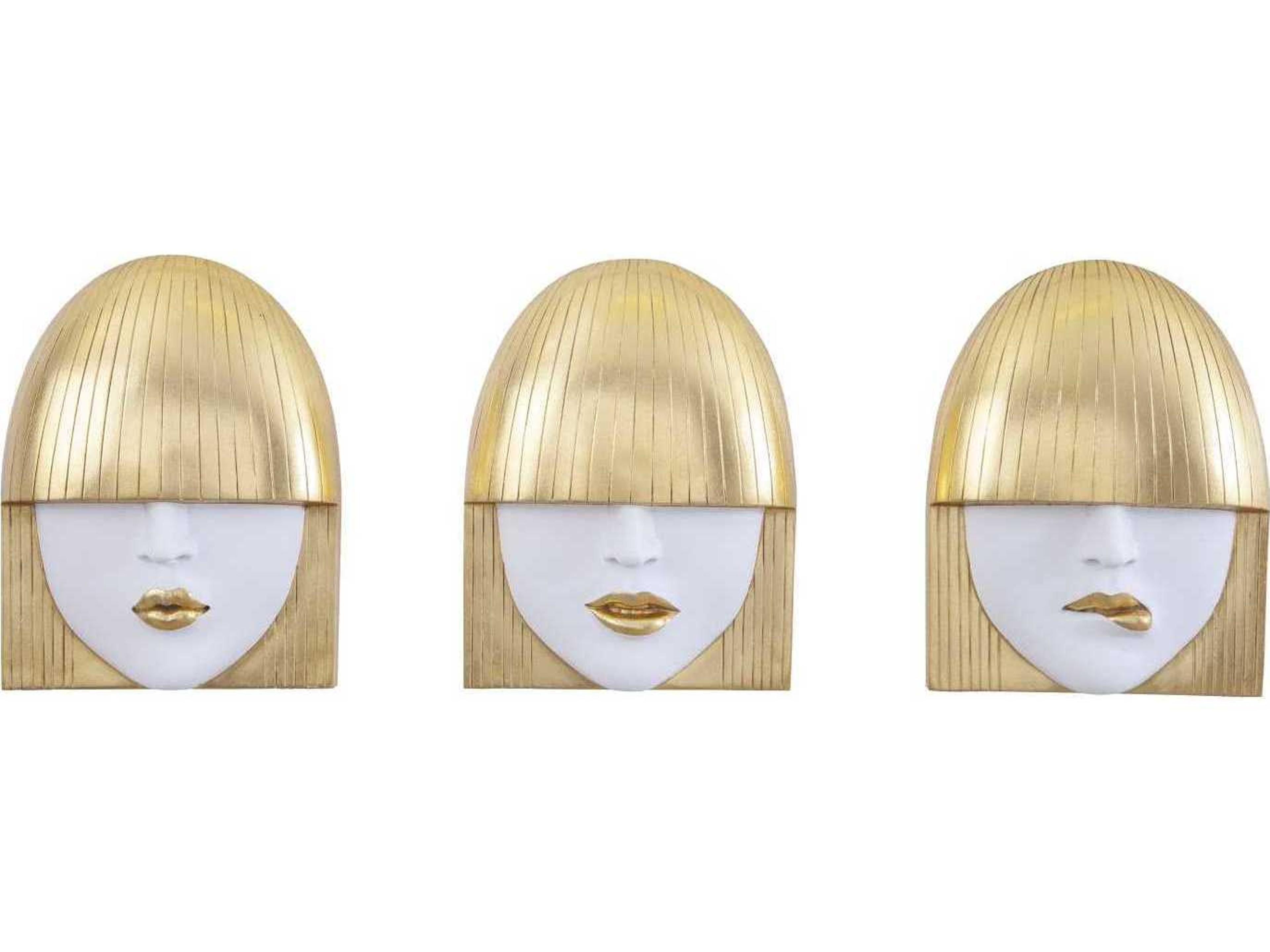 Small White and Gold Leaf Fashion Faces 3D Wall Art Set of 3