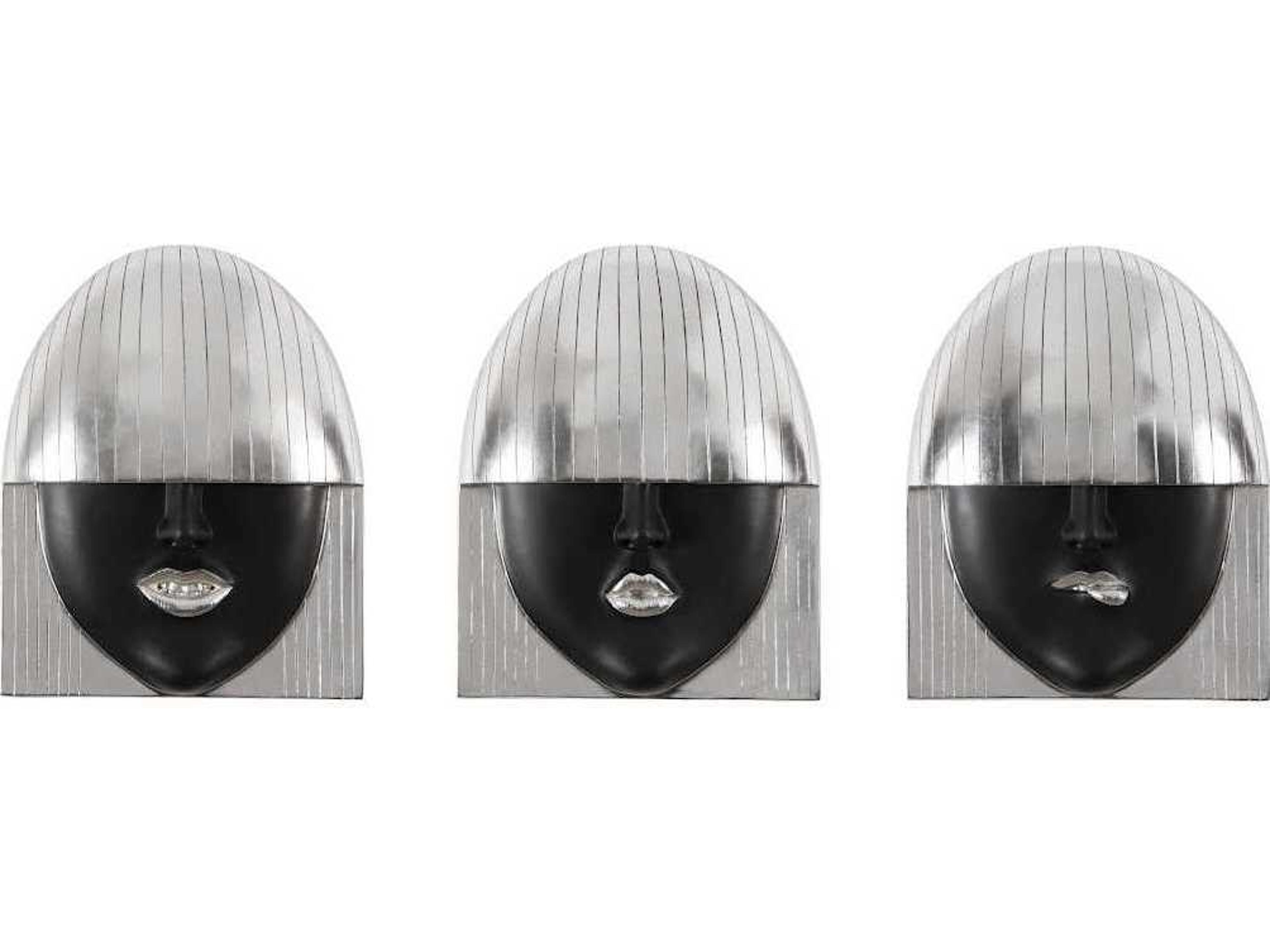 Black and Silver Leaf Fashion Faces Wood Wall Art Set of 3