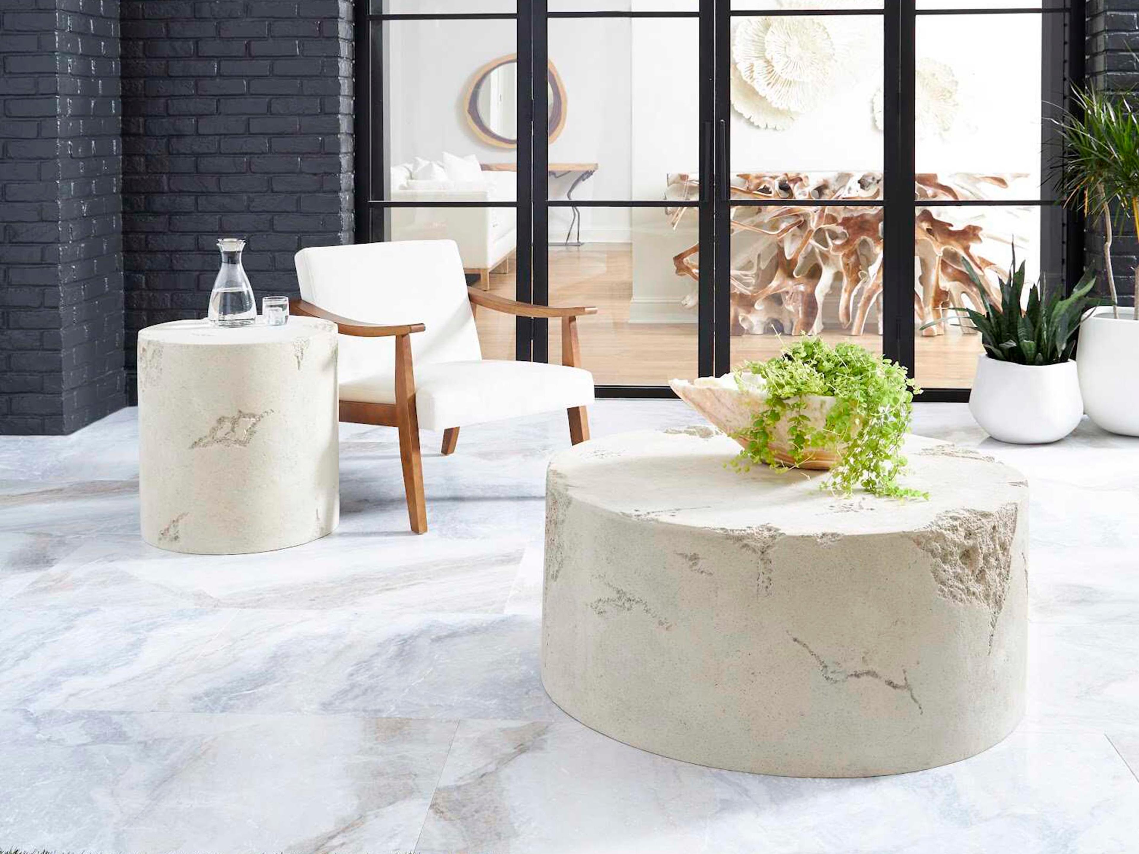 Phillips Collection Cast Formation Round Resin Roman Stone Off White End Table