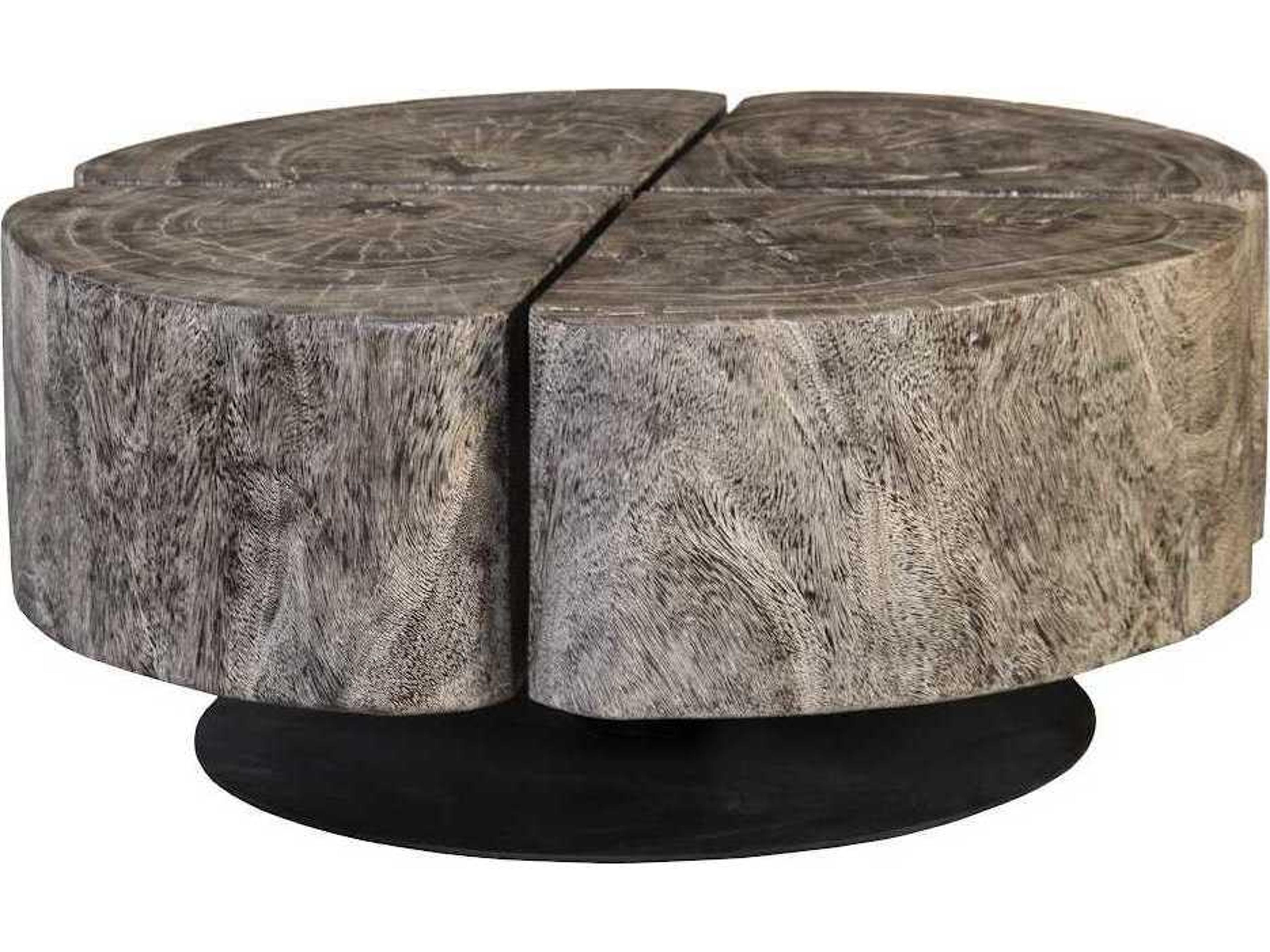 Round Wood Gray Stone Coffee Table