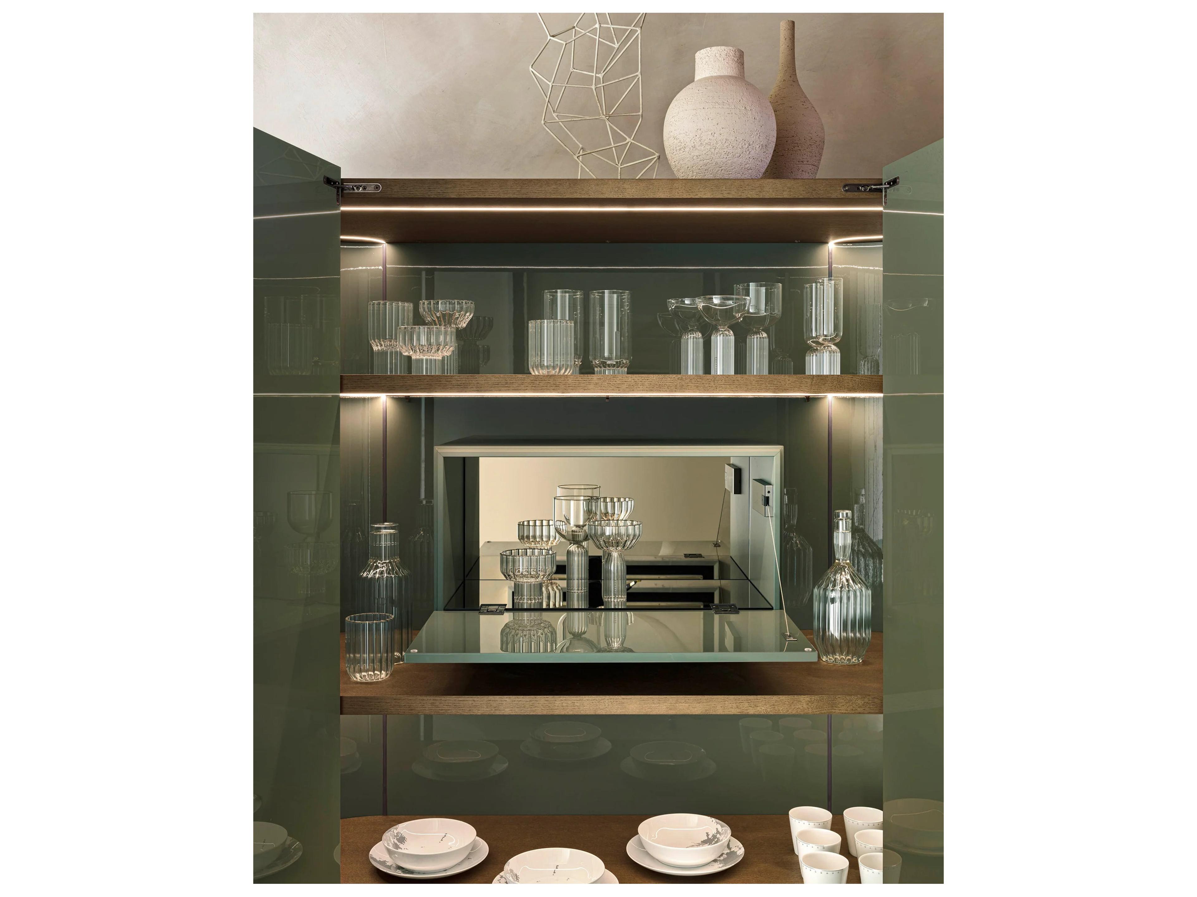 Pianca Dedalo Bar Sideboard Medium 55" Beige Ecrù Matt Lacquer/Bronzo Met. Glass Top