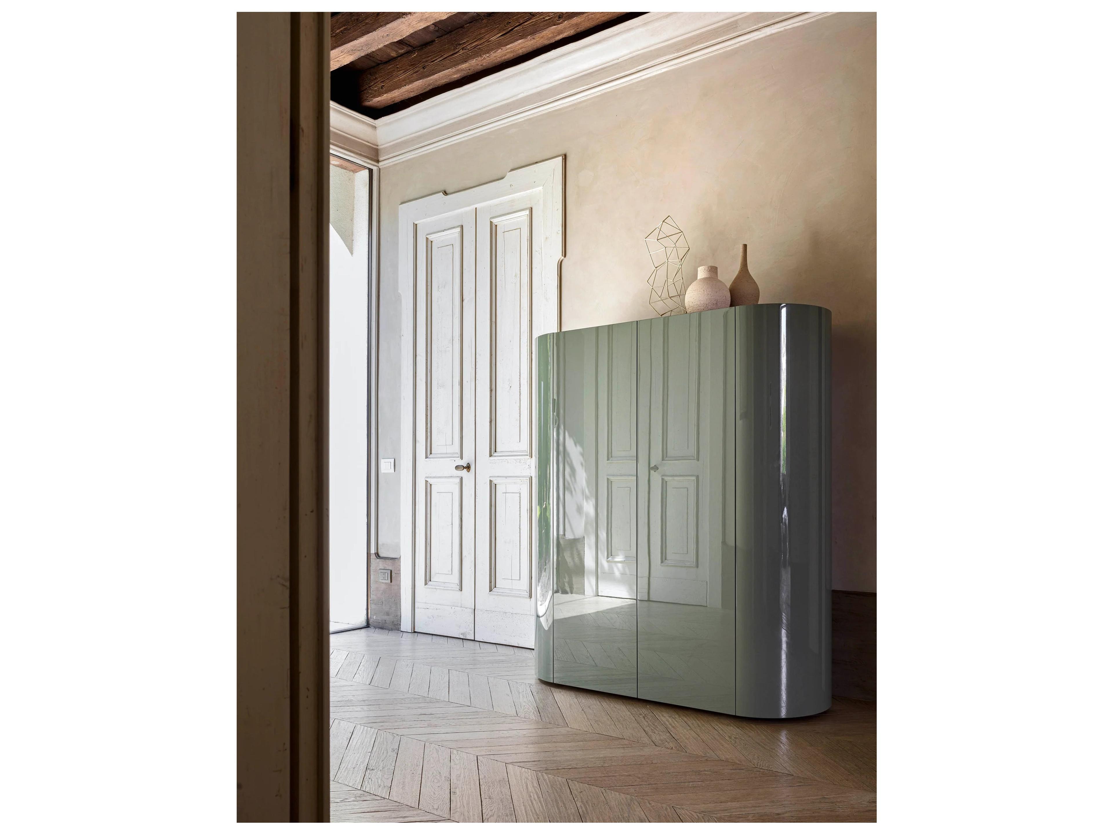 Pianca Dedalo Bar Sideboard Medium 55" Beige Ecrù Matt Lacquer/Bronzo Met. Glass Top