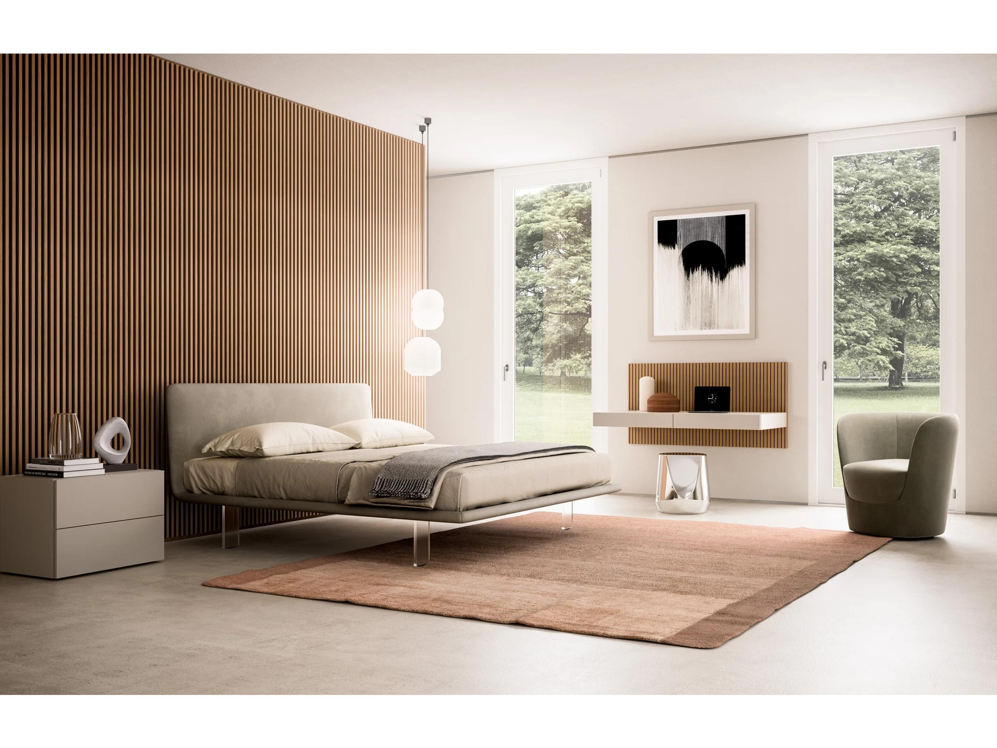 Pianca Filo Up Queen Size Bed 63"Beige Supersuede 86 Fabric/Plexiglass Feet