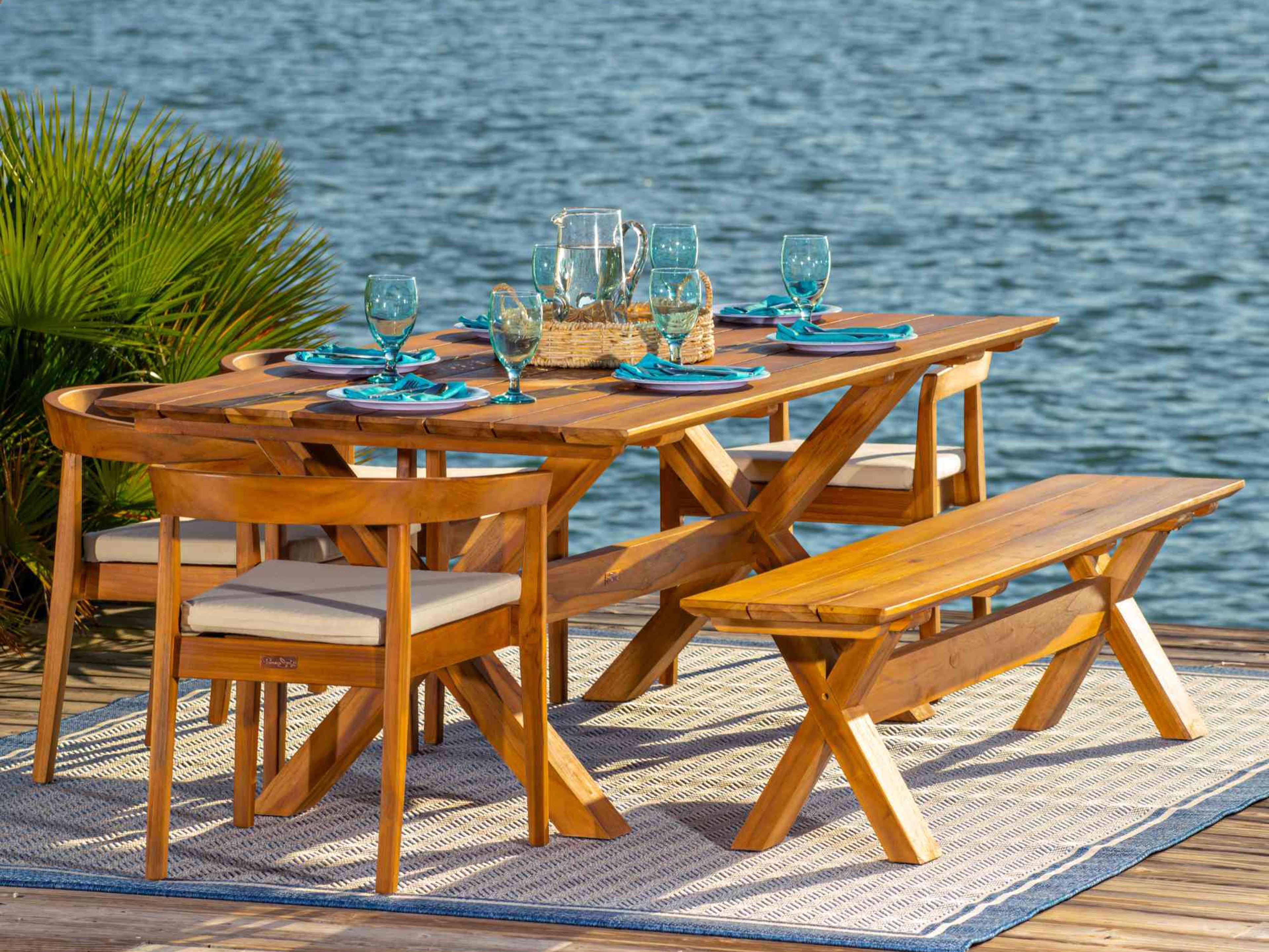 Bali Teak 7-Piece Rectangular Dining Table with Bench