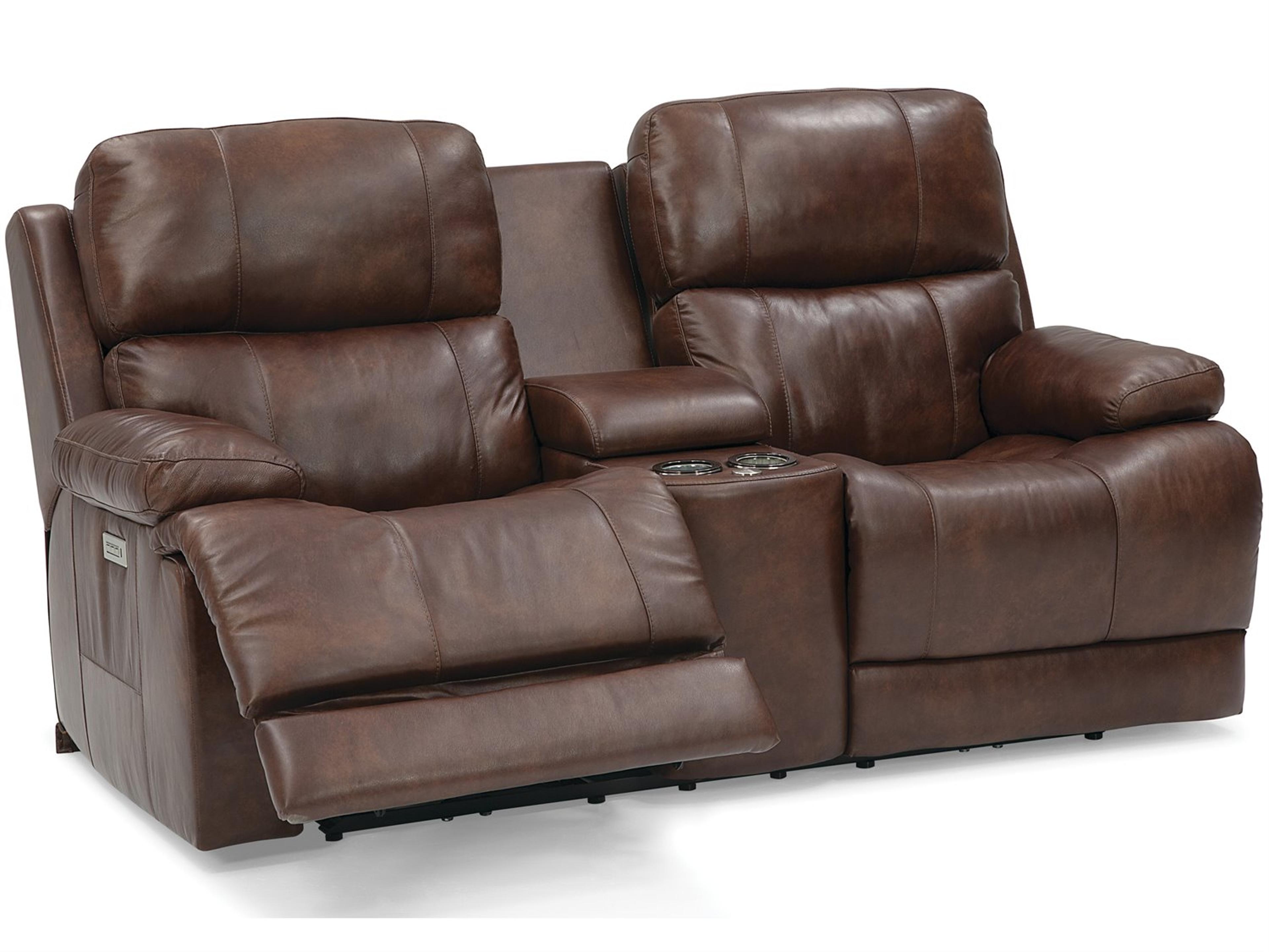 Palliser Kenaston Leather Upholstery Console Loveseat Power Recliner with Cupholder with Power Headrest