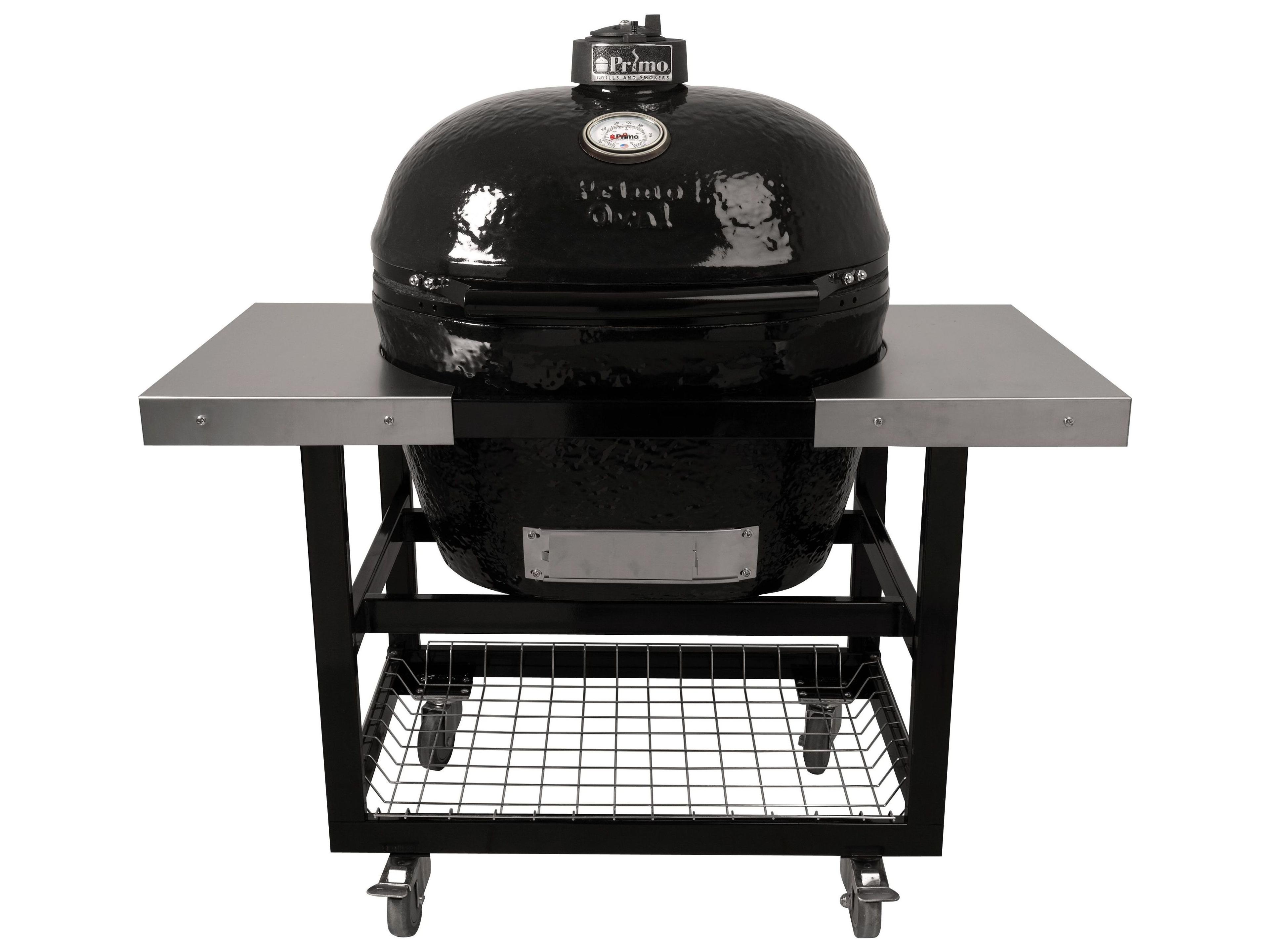 Primo Oval XL Charcoal Grill with Stainless Steel Cart with Shelves