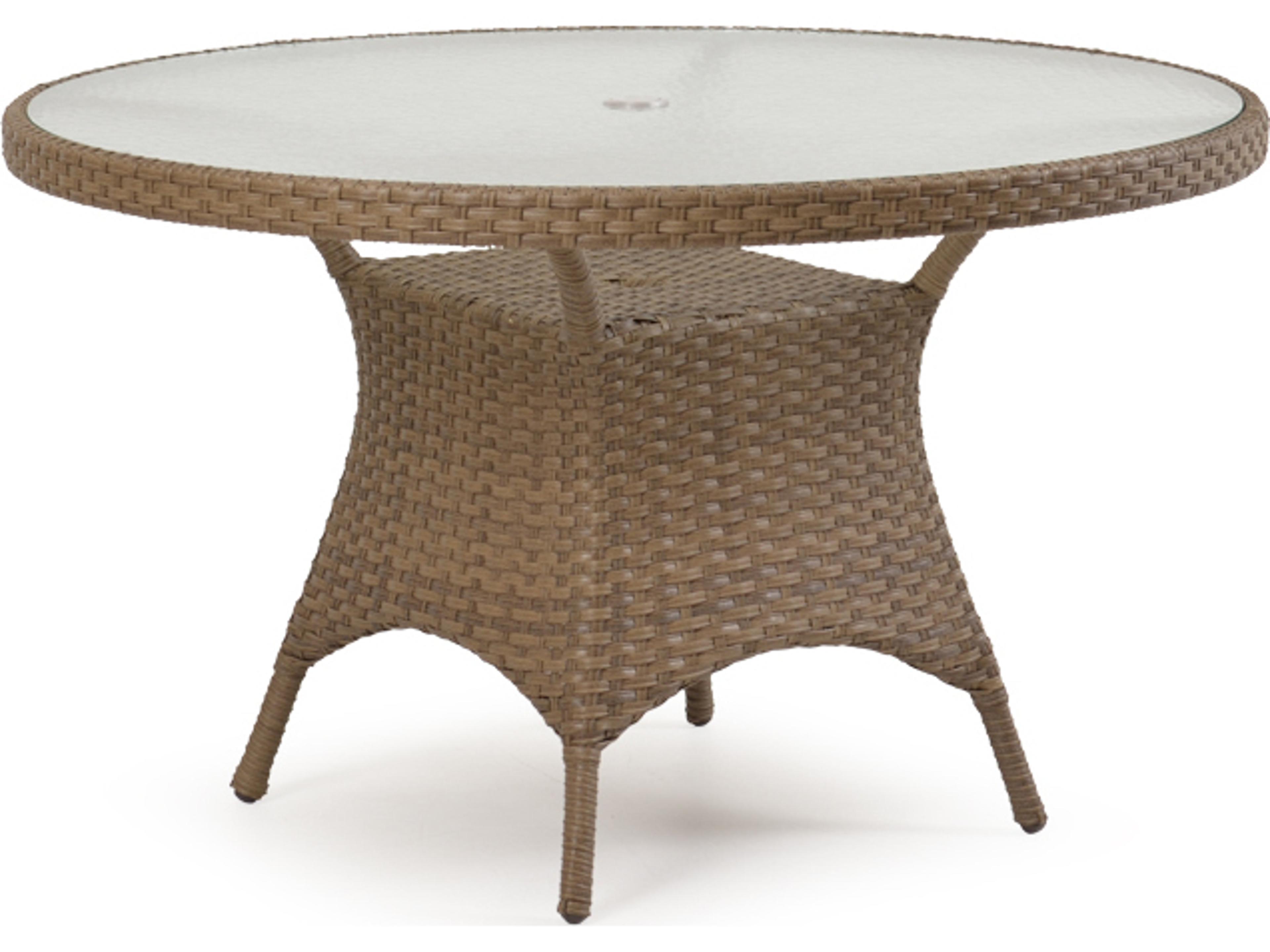 Alexandria Wicker Round Glass Top Patio Dining Table with Umbrella Hole