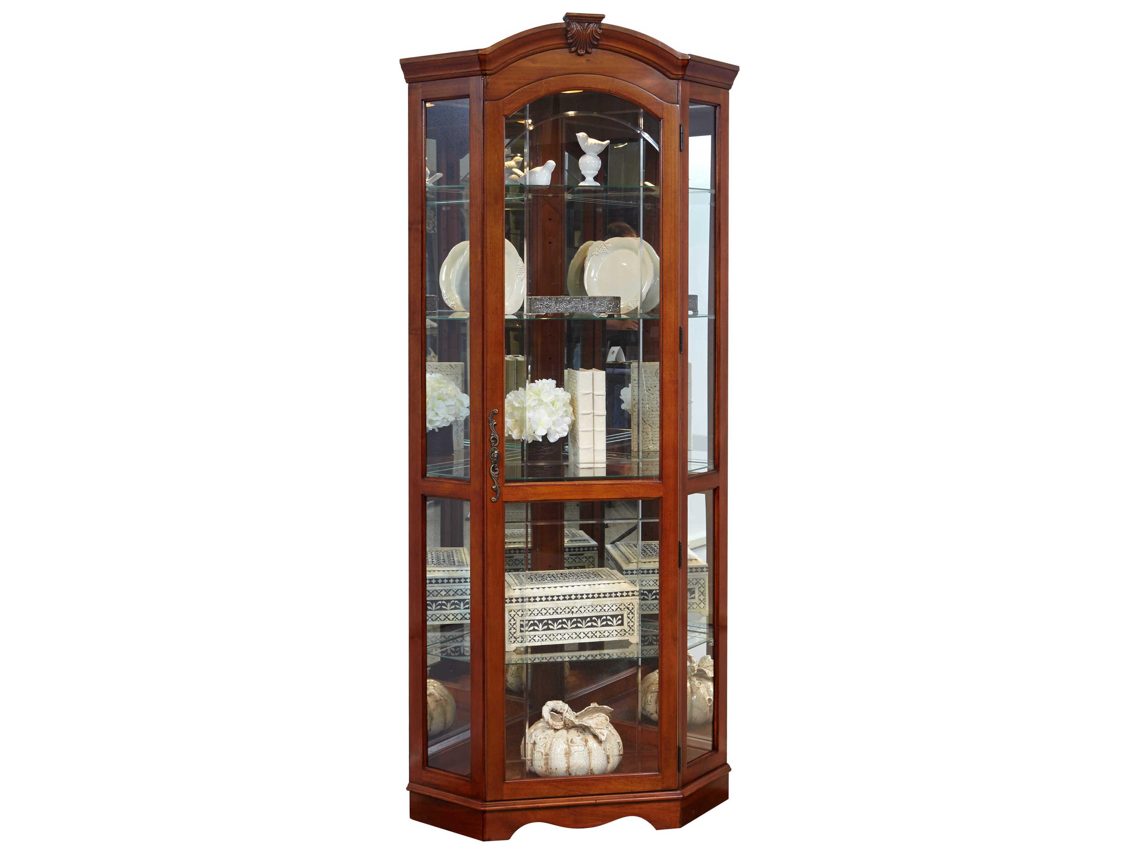 Hardwood Warm Cherry Brown Mirrored Corner Curio Display Cabinet