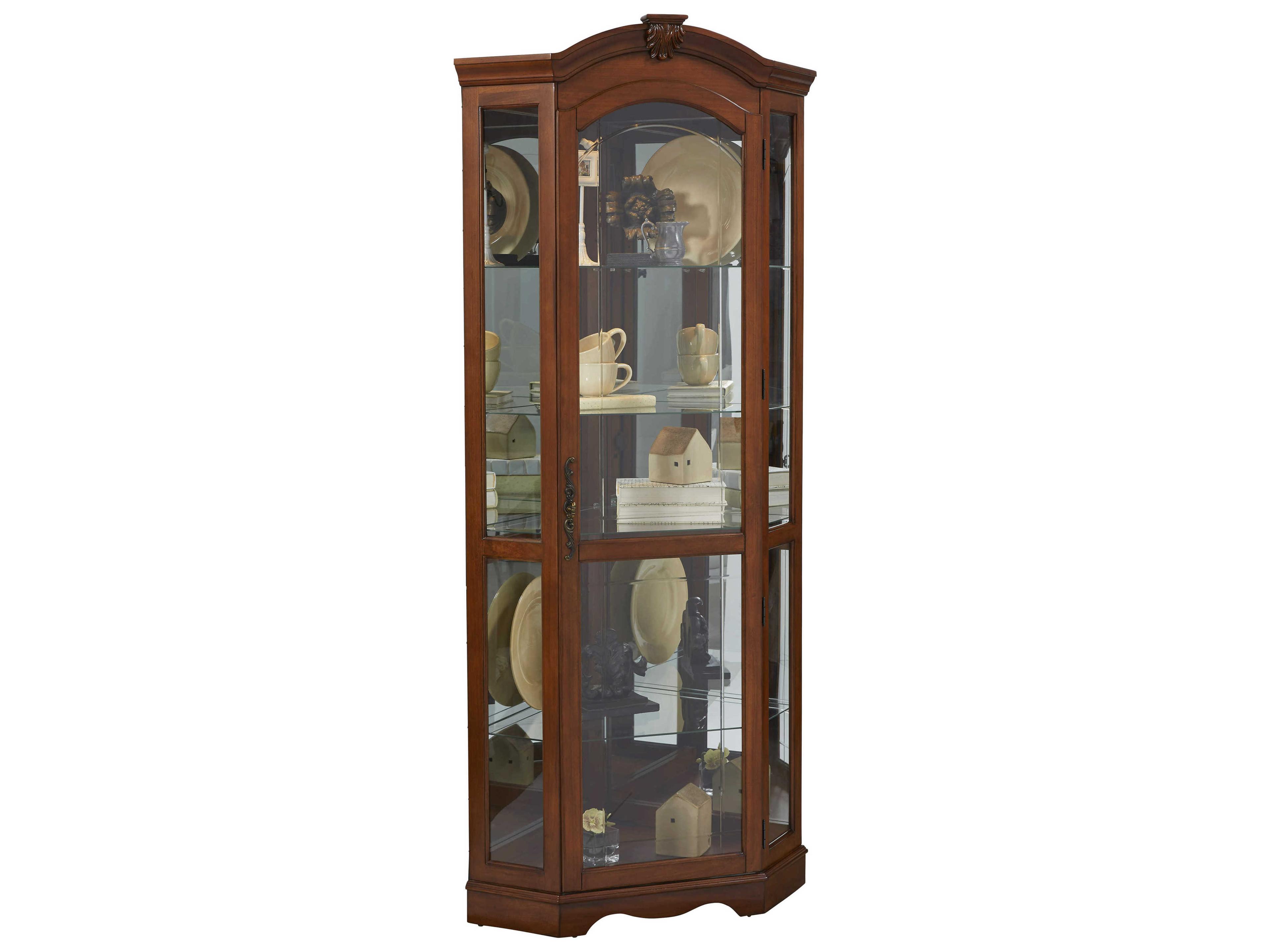 Pulaski Hardwood Warm Cherry Brown Mirrored Corner Curio Display Cabinet