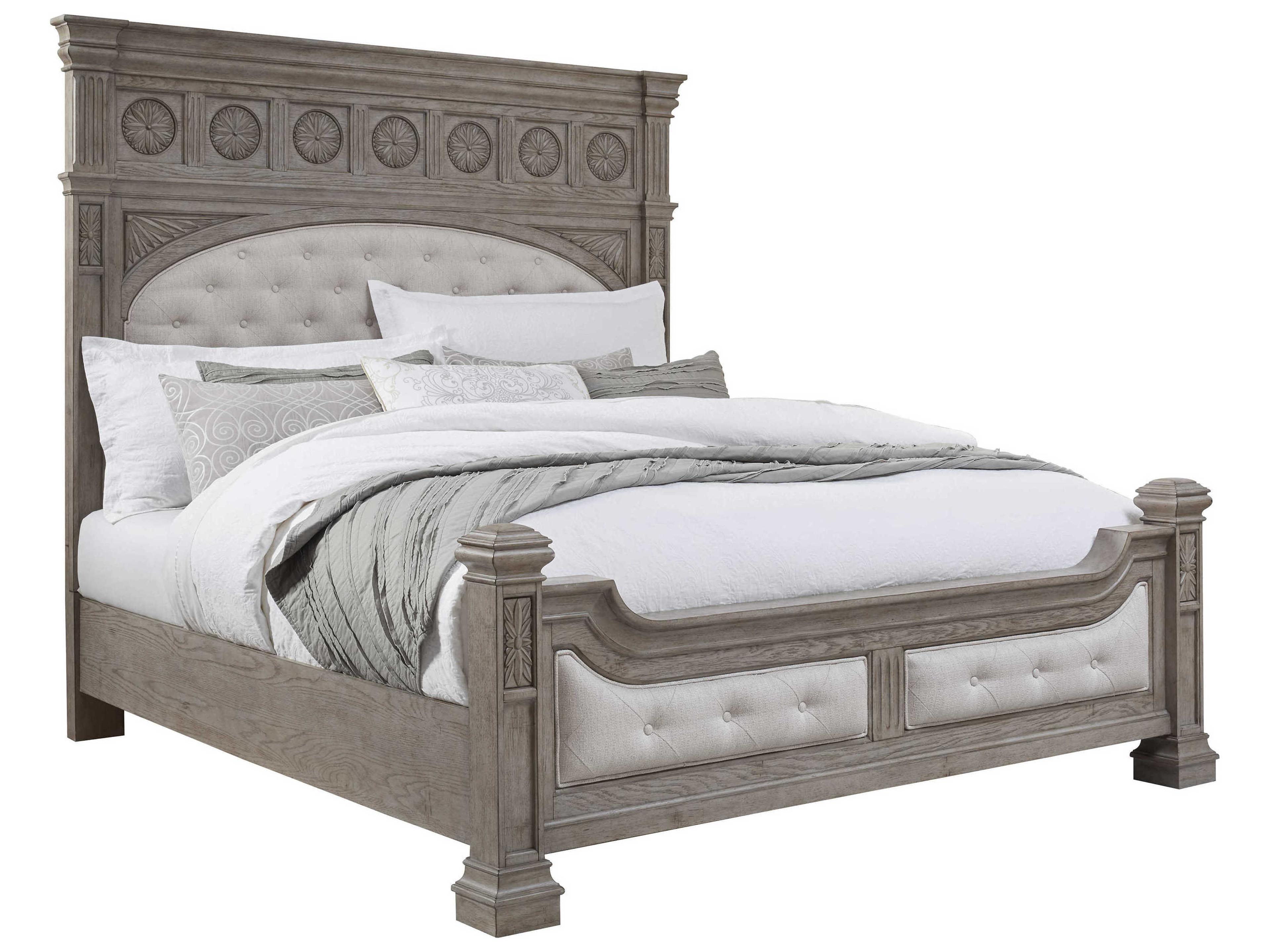 Kingsbury Gray Oak Wood Upholstered King Panel Bed