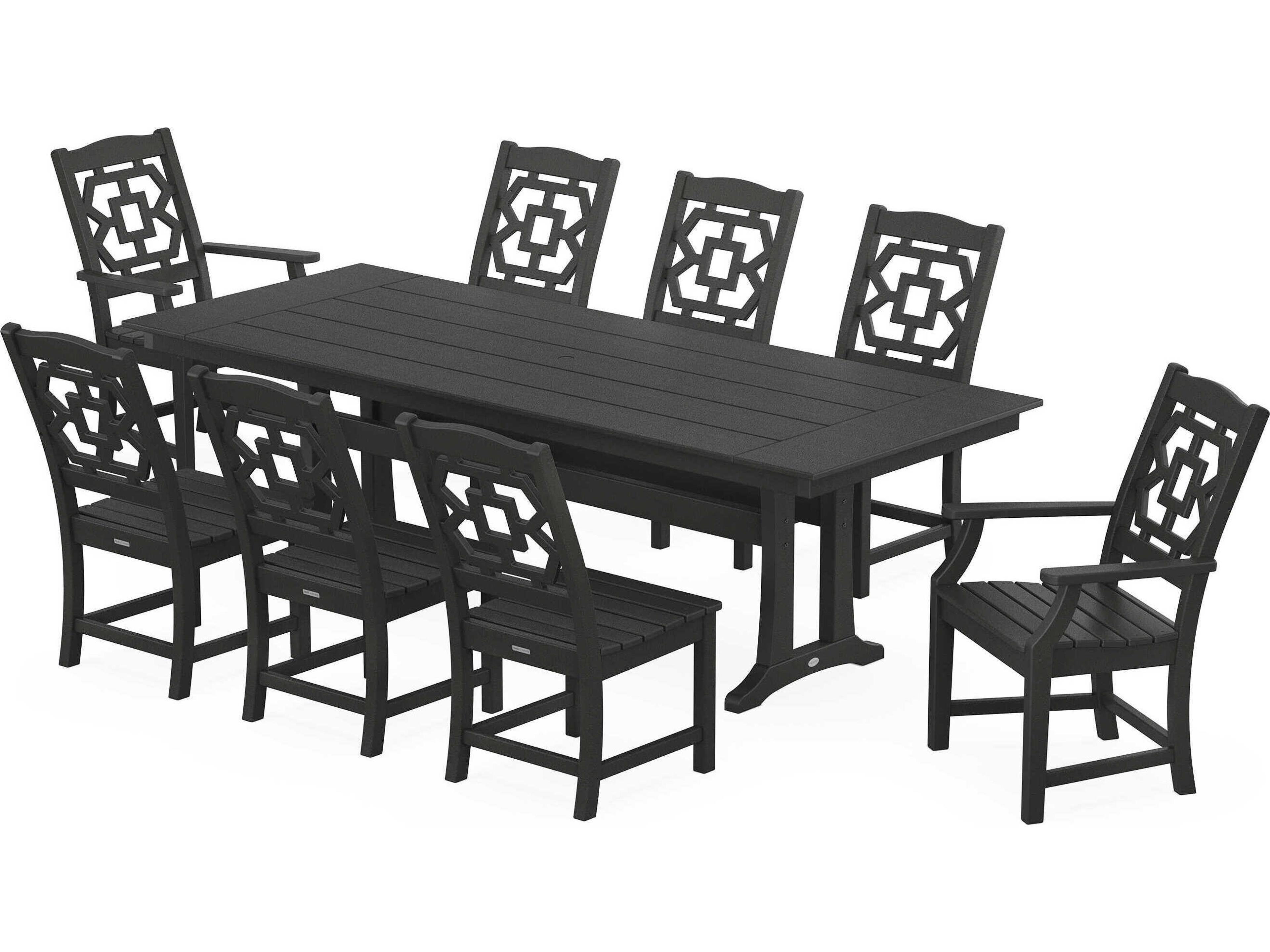 POLYWOOD® Martha Stewart Chinoiserie 9-Piece Farmhouse Patio Dining Set with Trestle Legs