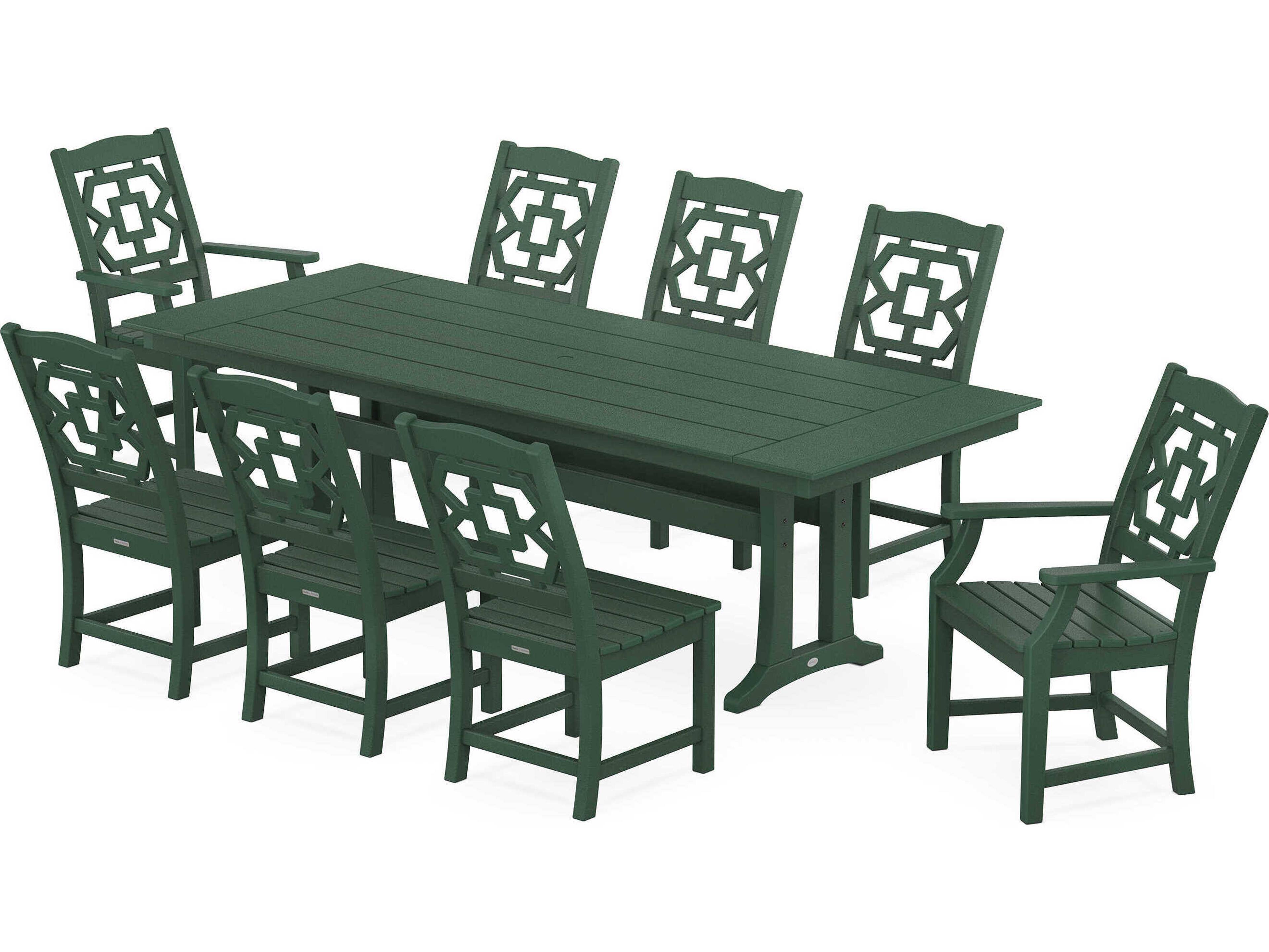 POLYWOOD® Martha Stewart Chinoiserie 9-Piece Farmhouse Patio Dining Set with Trestle Legs