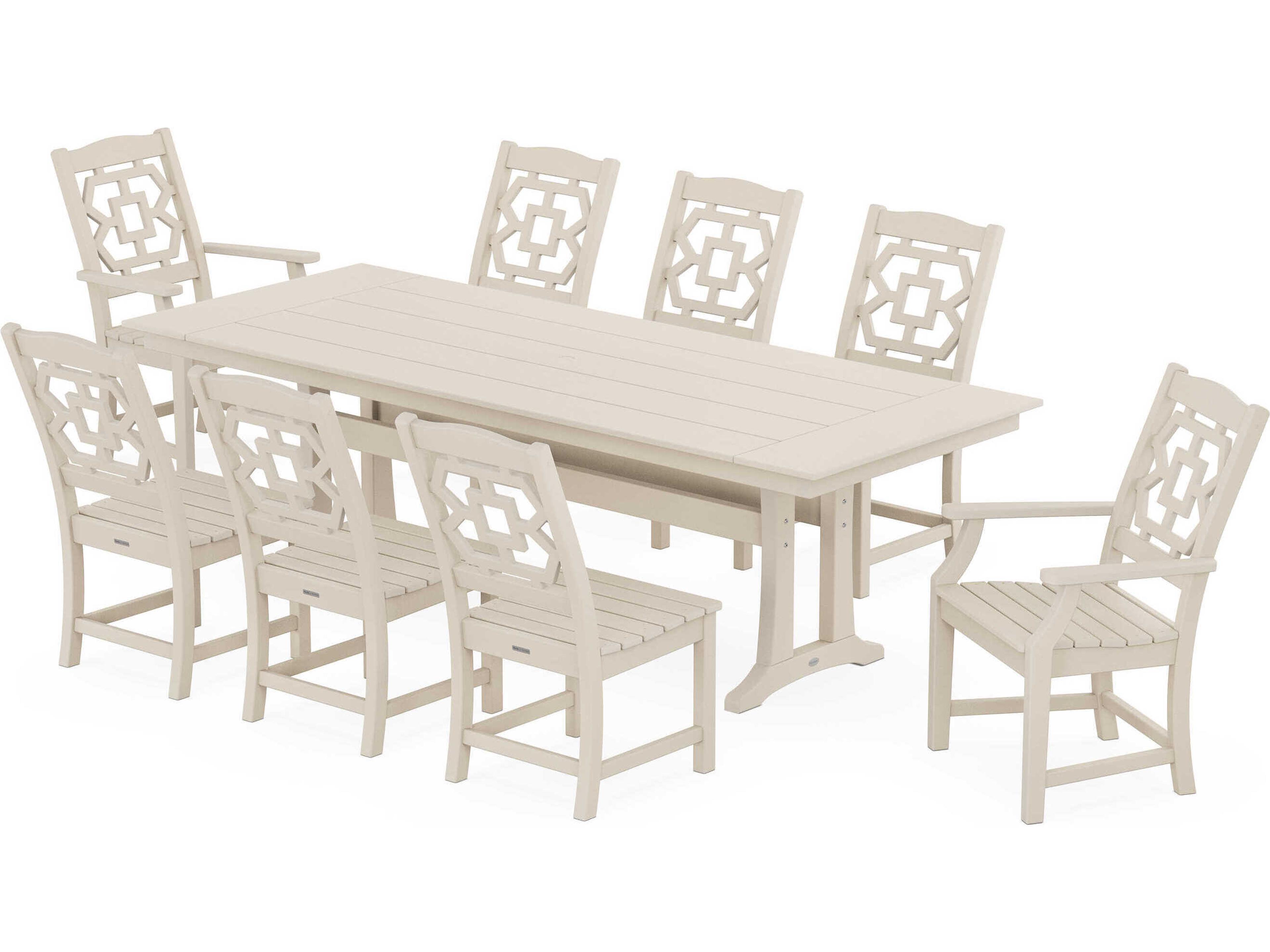 POLYWOOD® Martha Stewart Chinoiserie 9-Piece Farmhouse Patio Dining Set with Trestle Legs