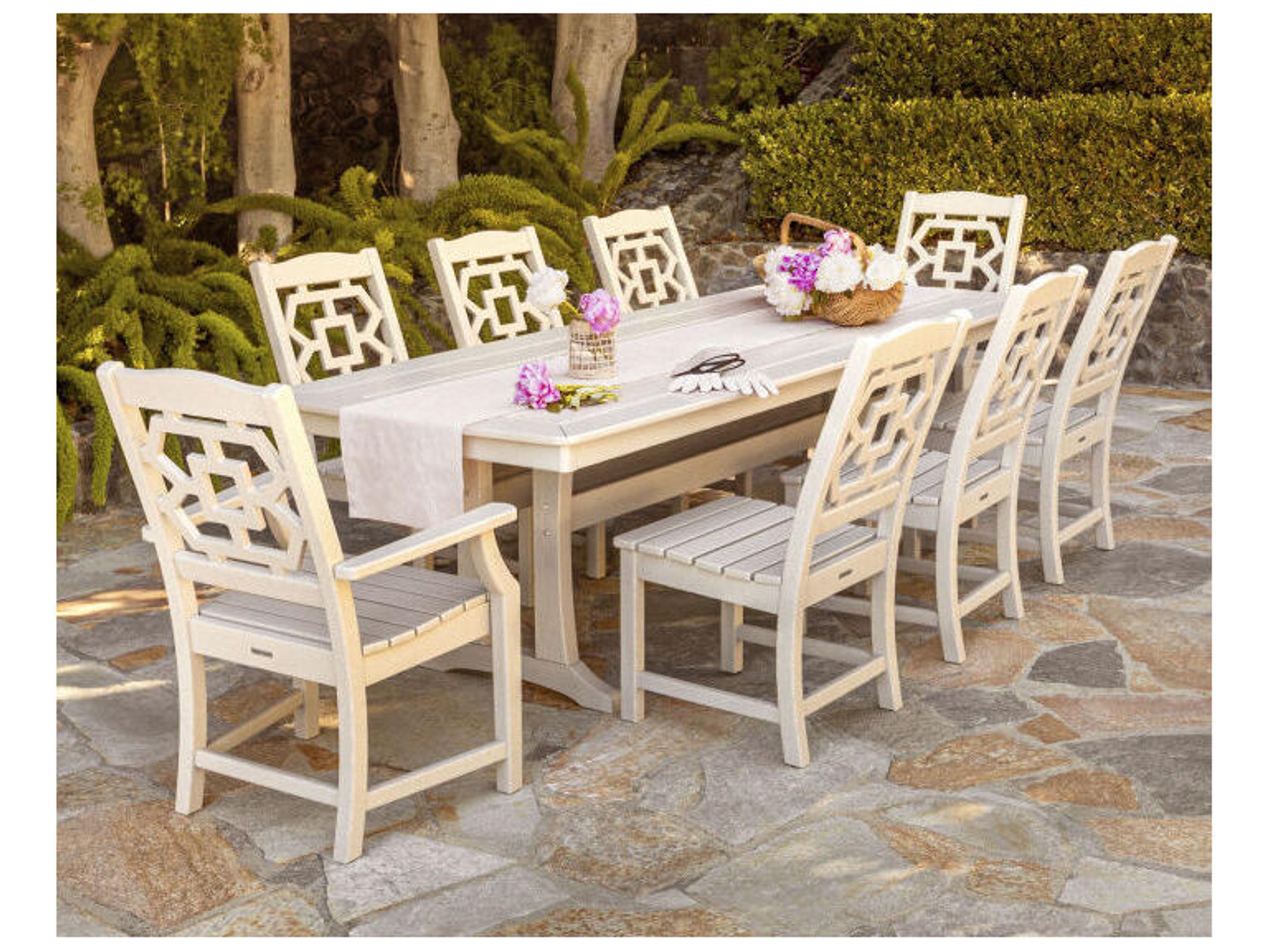 POLYWOOD® Martha Stewart Chinoiserie 9-Piece Outdoor Patio Dining Set with Trestle Legs