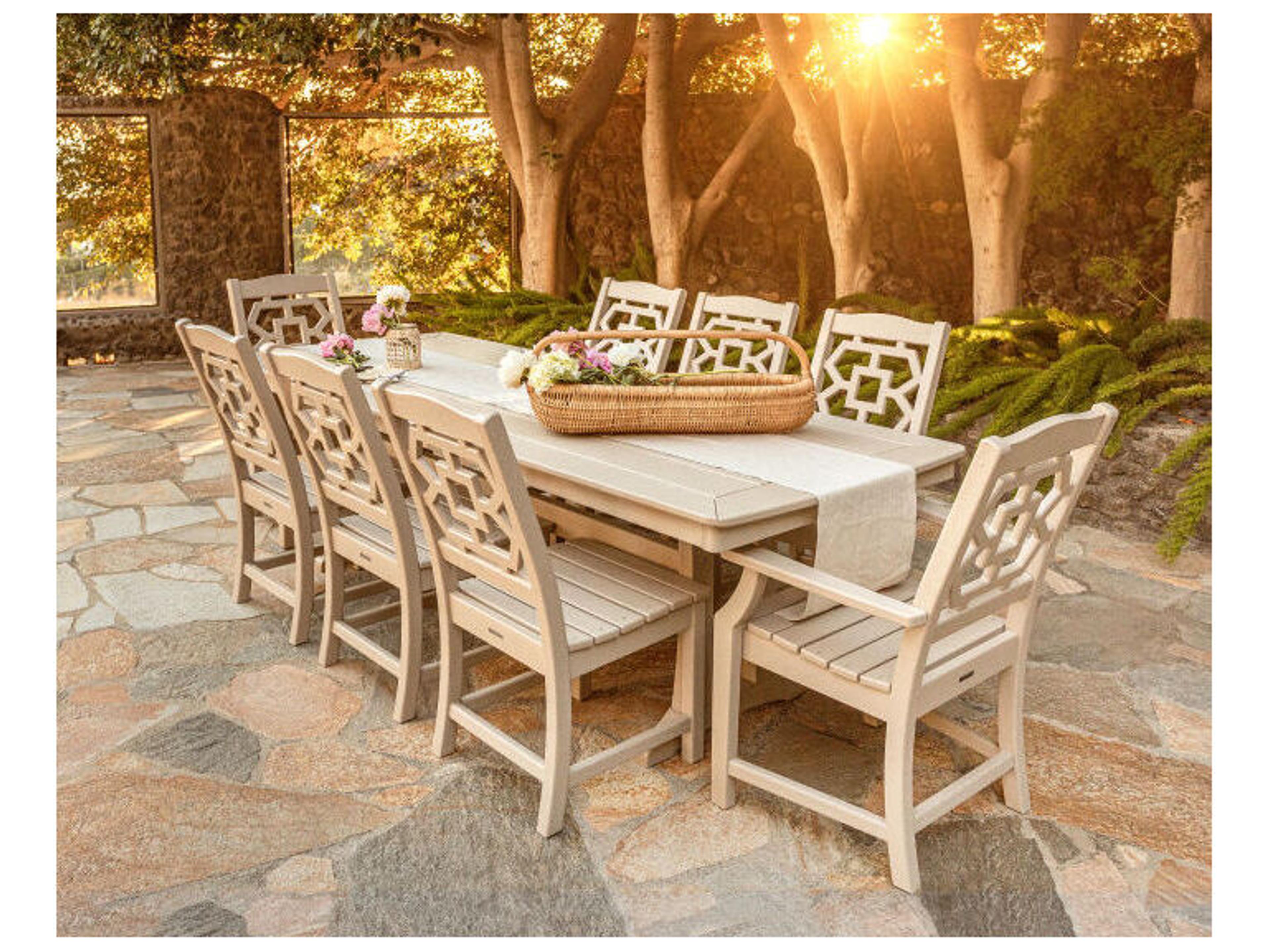 POLYWOOD® Martha Stewart Chinoiserie 9-Piece Outdoor Patio Dining Set with Trestle Legs