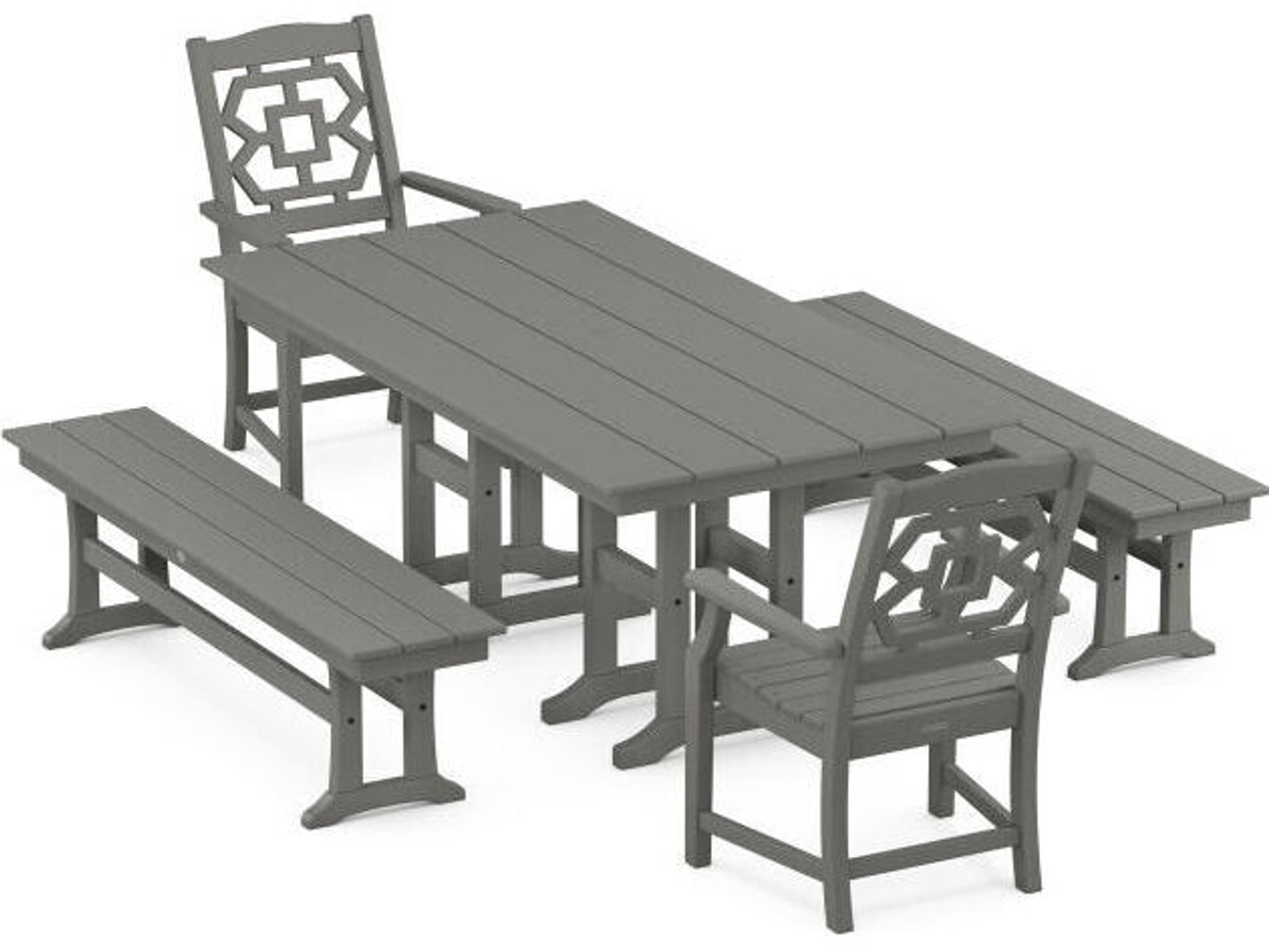Martha Stewart Chinoiserie 5-Piece Farmhouse Outdoor Dining Set with Benches