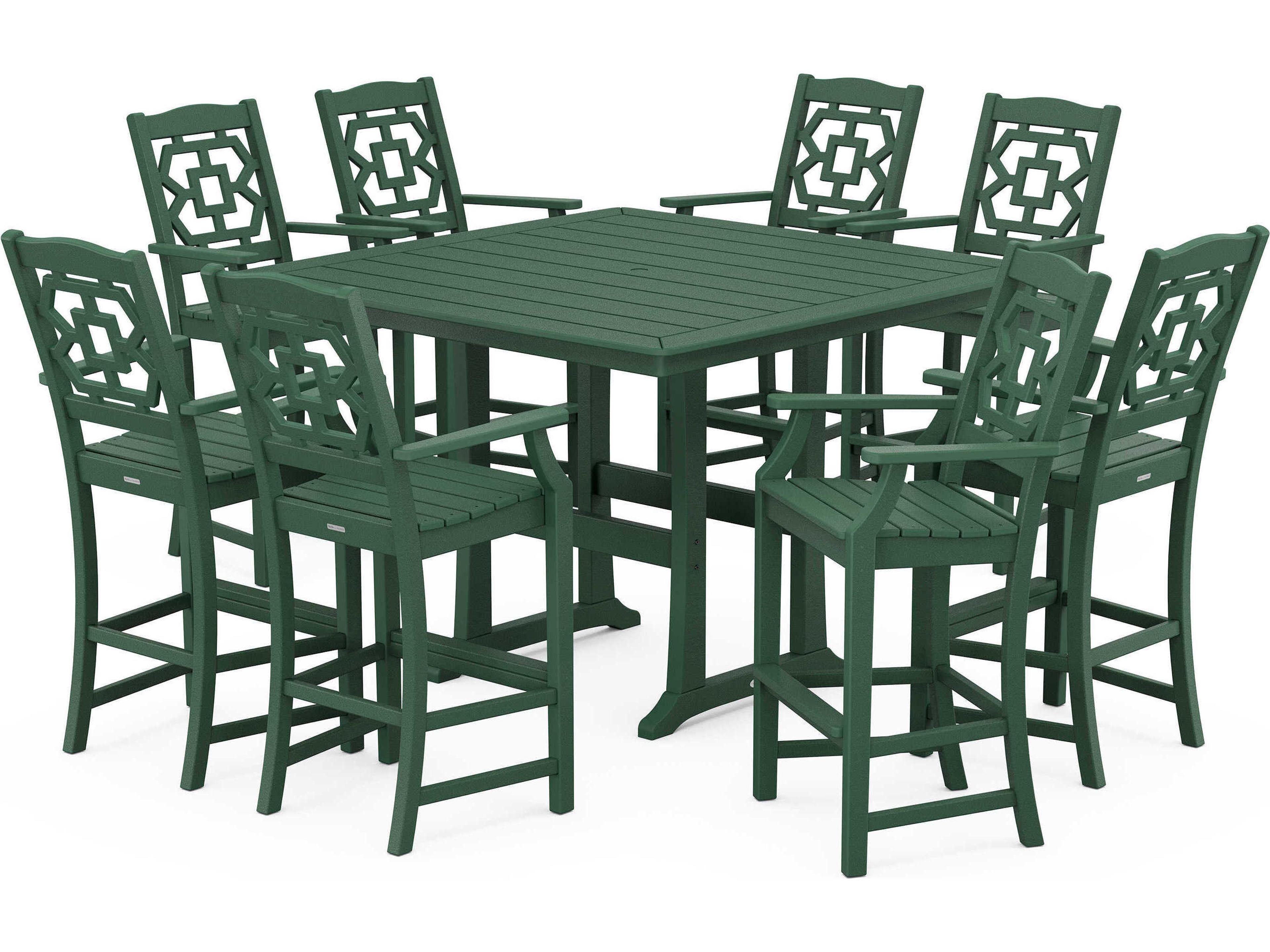 POLYWOOD® Martha Stewart Chinoiserie 9-Piece Square Bar Set with Trestle Legs