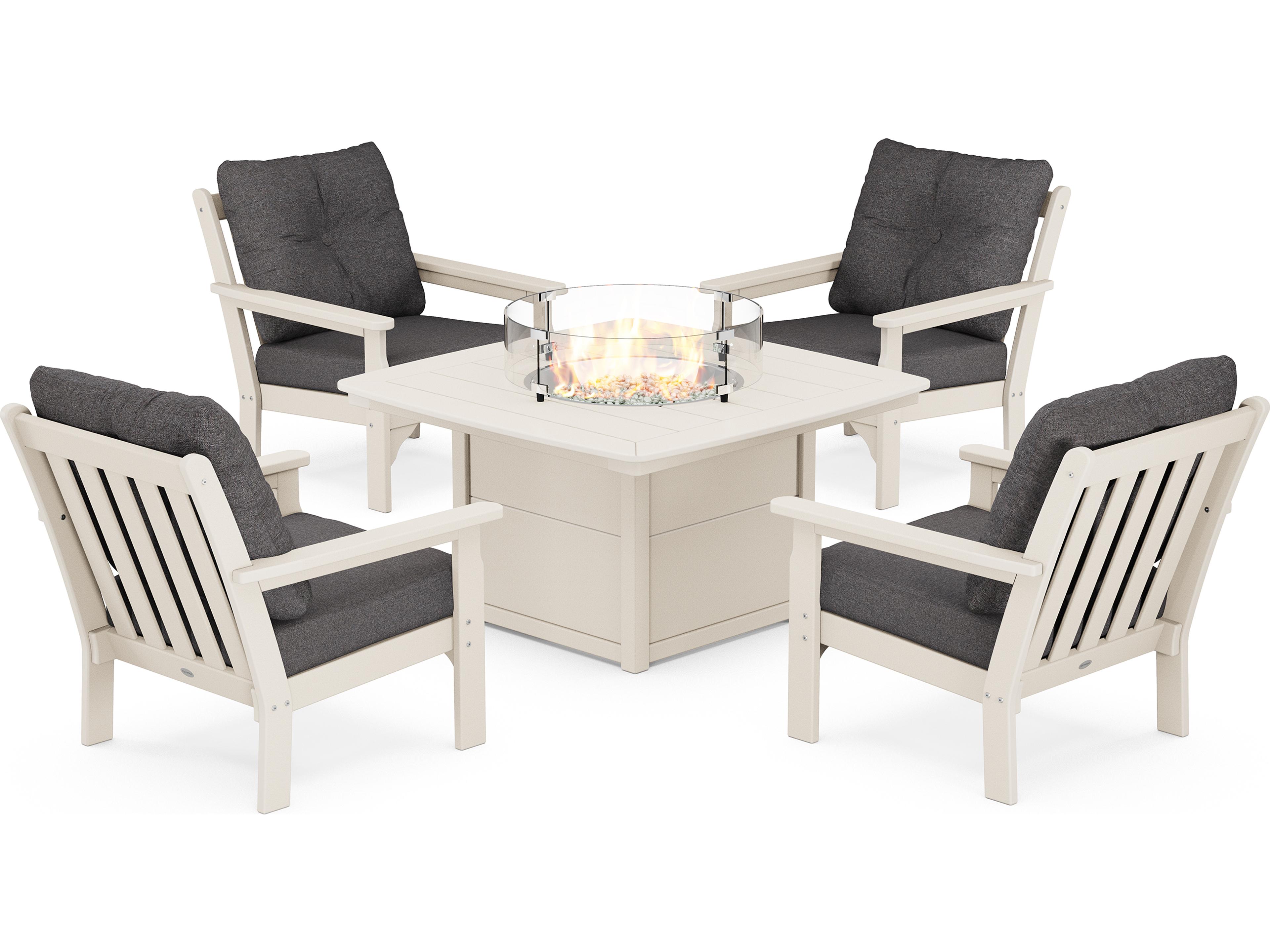 POLYWOOD® Vineyard Recycled Plastic 5 Piece Firepit Patio Lounge Set