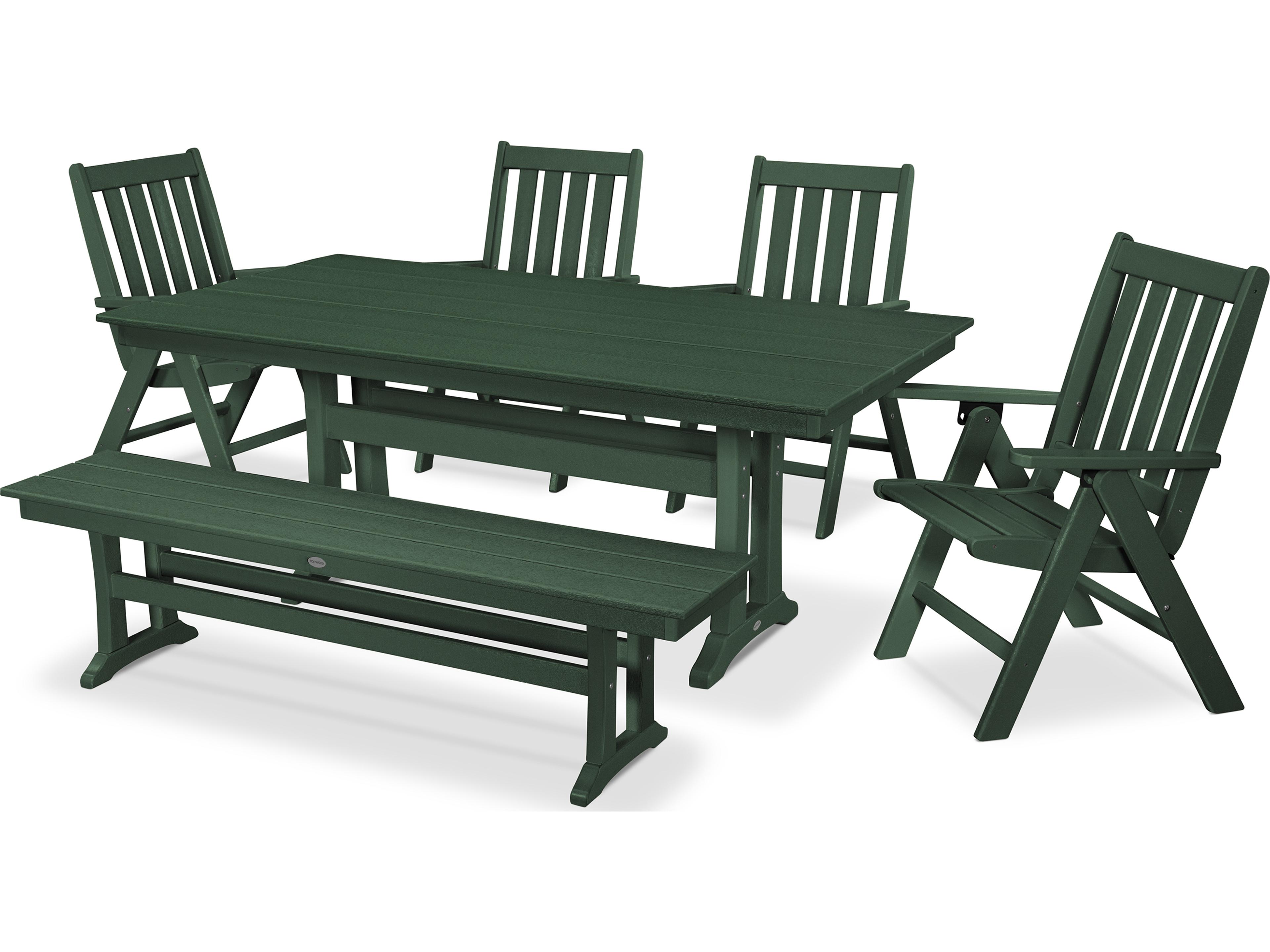 POLYWOOD® Vineyard Recycled Plastic 6 Piece Farmhouse Folding Outdoor Dining Set with Bench