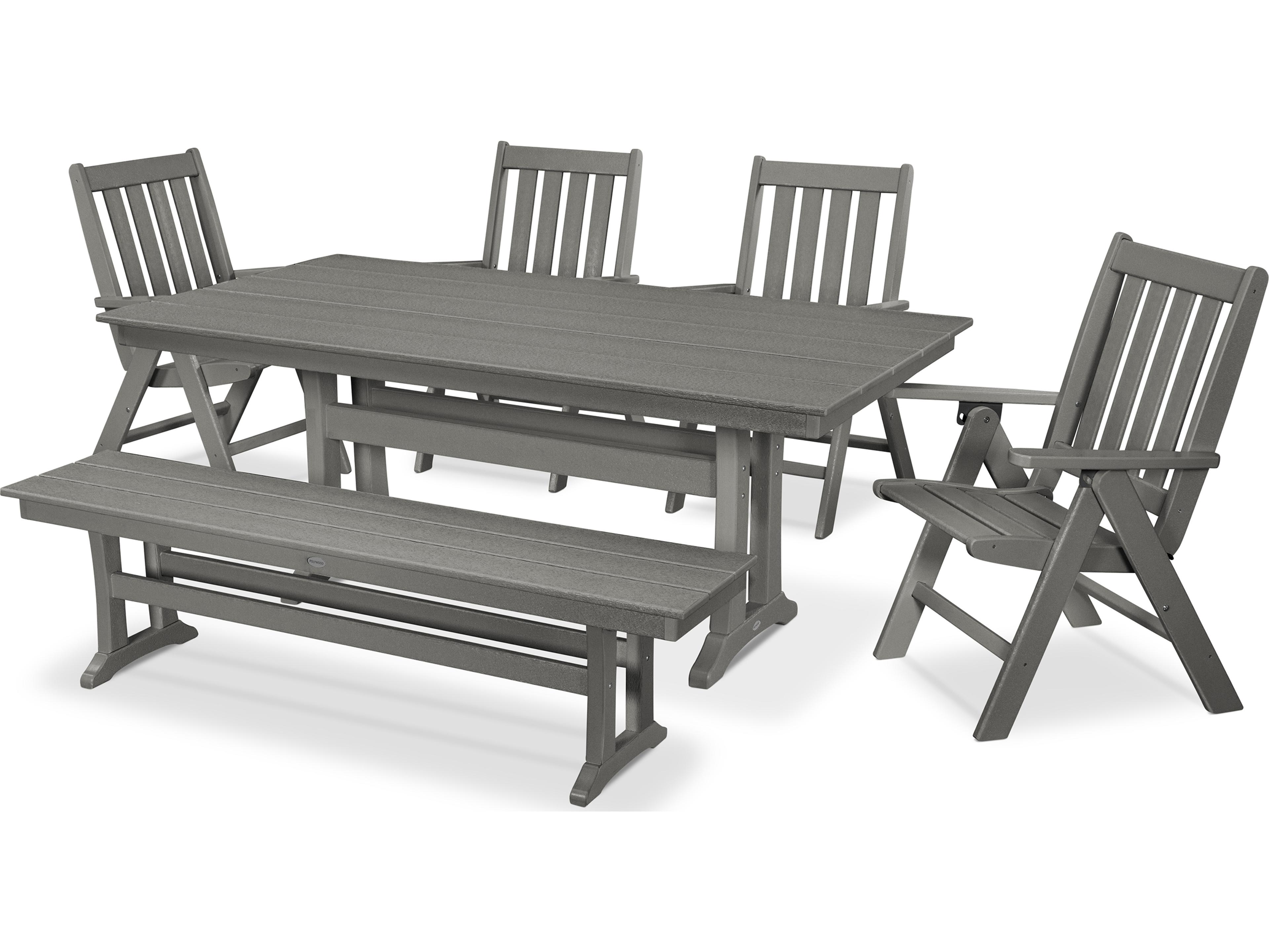 POLYWOOD® Vineyard Recycled Plastic 6 Piece Farmhouse Folding Outdoor Dining Set with Bench