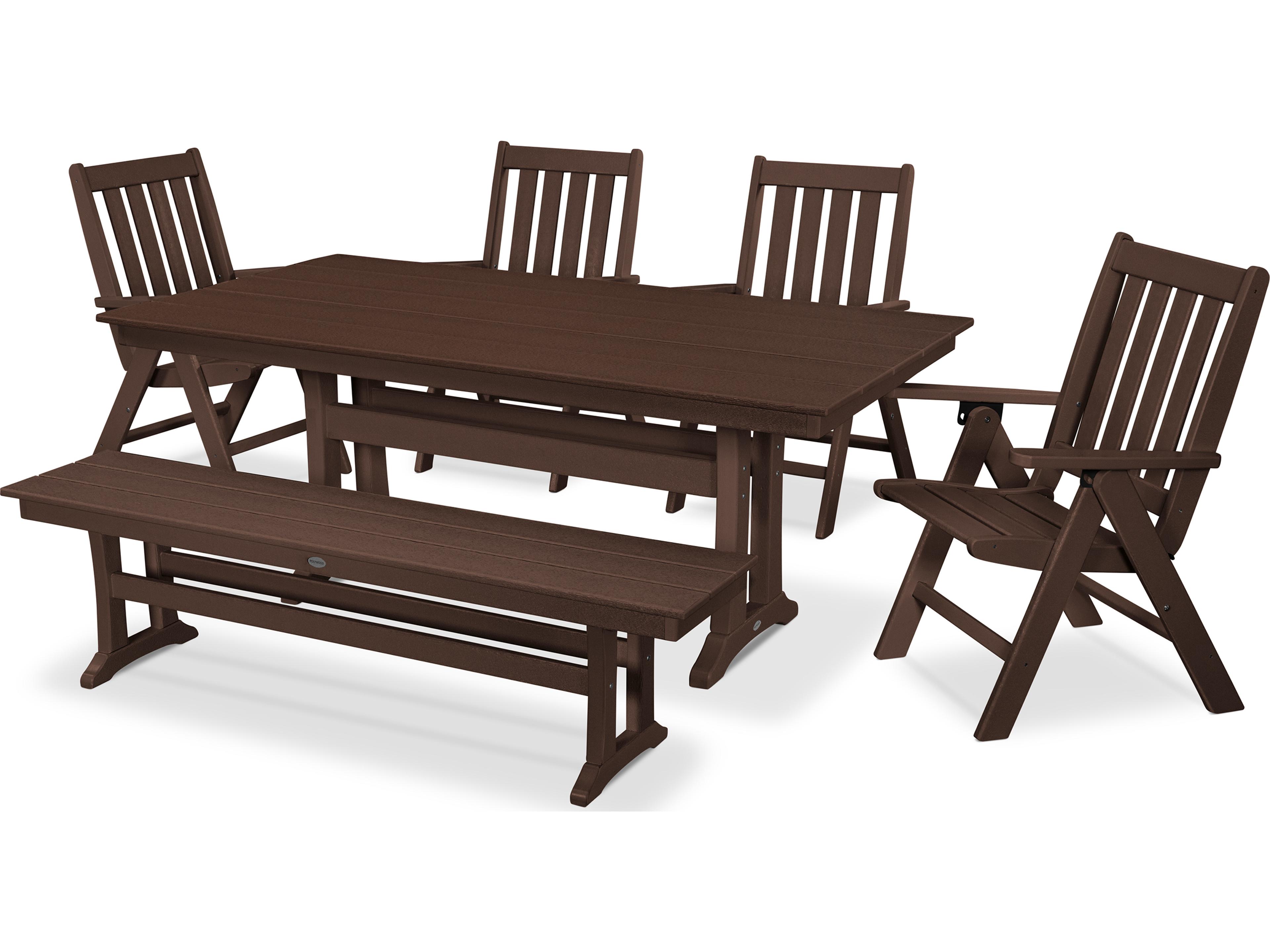 POLYWOOD® Vineyard Recycled Plastic 6 Piece Farmhouse Folding Outdoor Dining Set with Bench