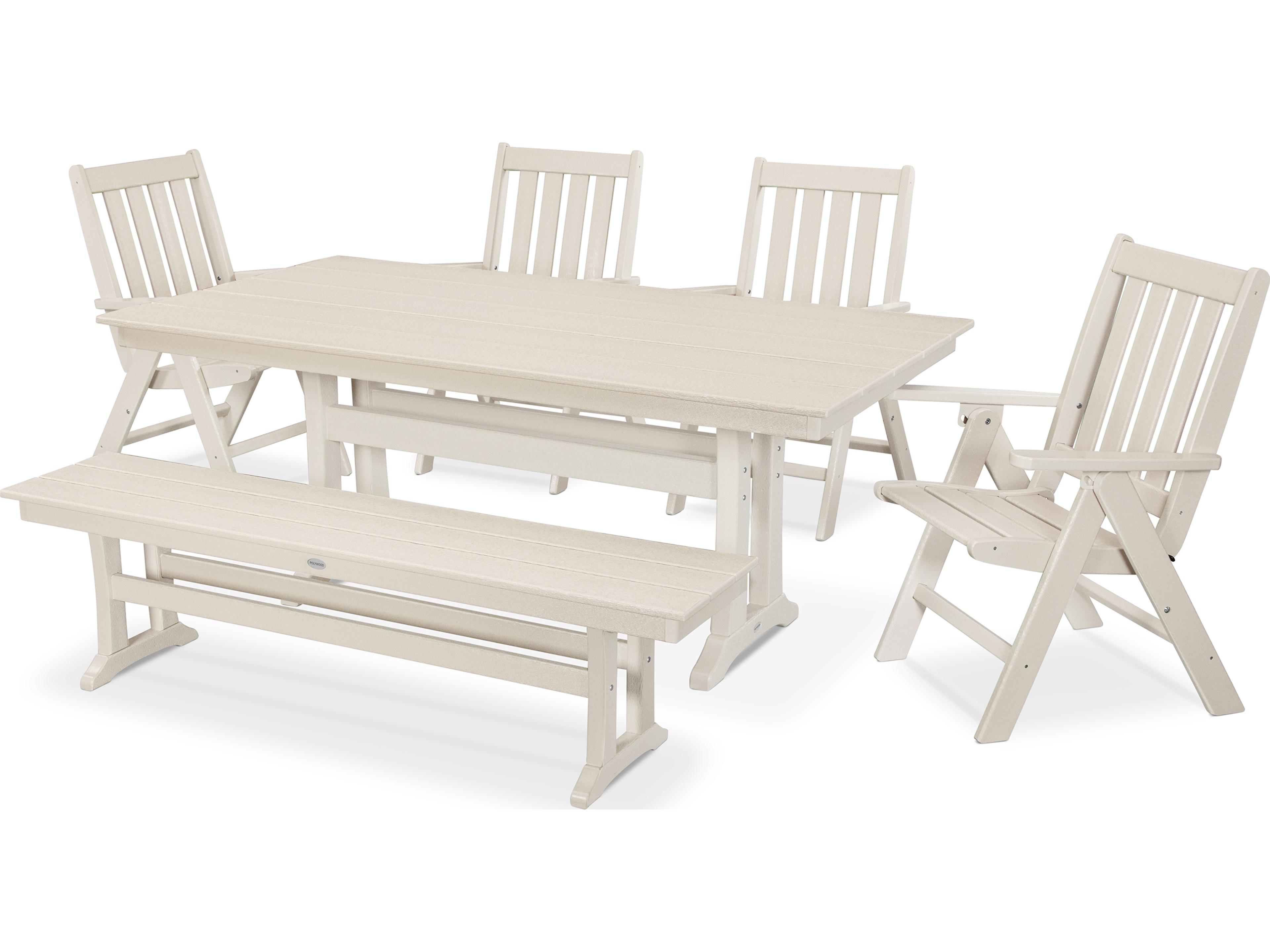 POLYWOOD® Vineyard Recycled Plastic 6 Piece Farmhouse Folding Outdoor Dining Set with Bench