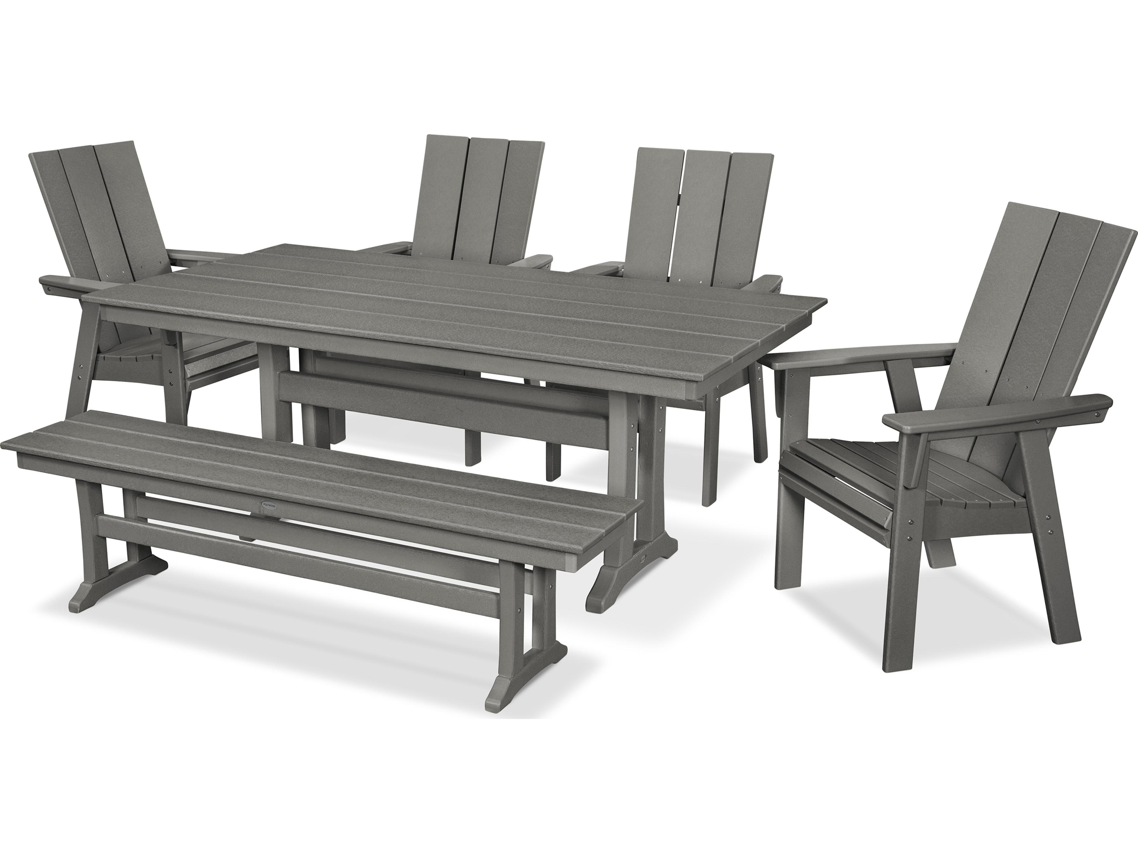Modern Recycled Plastic 6 Piece Farmhouse Outdoor Patio Dining Set with Bench