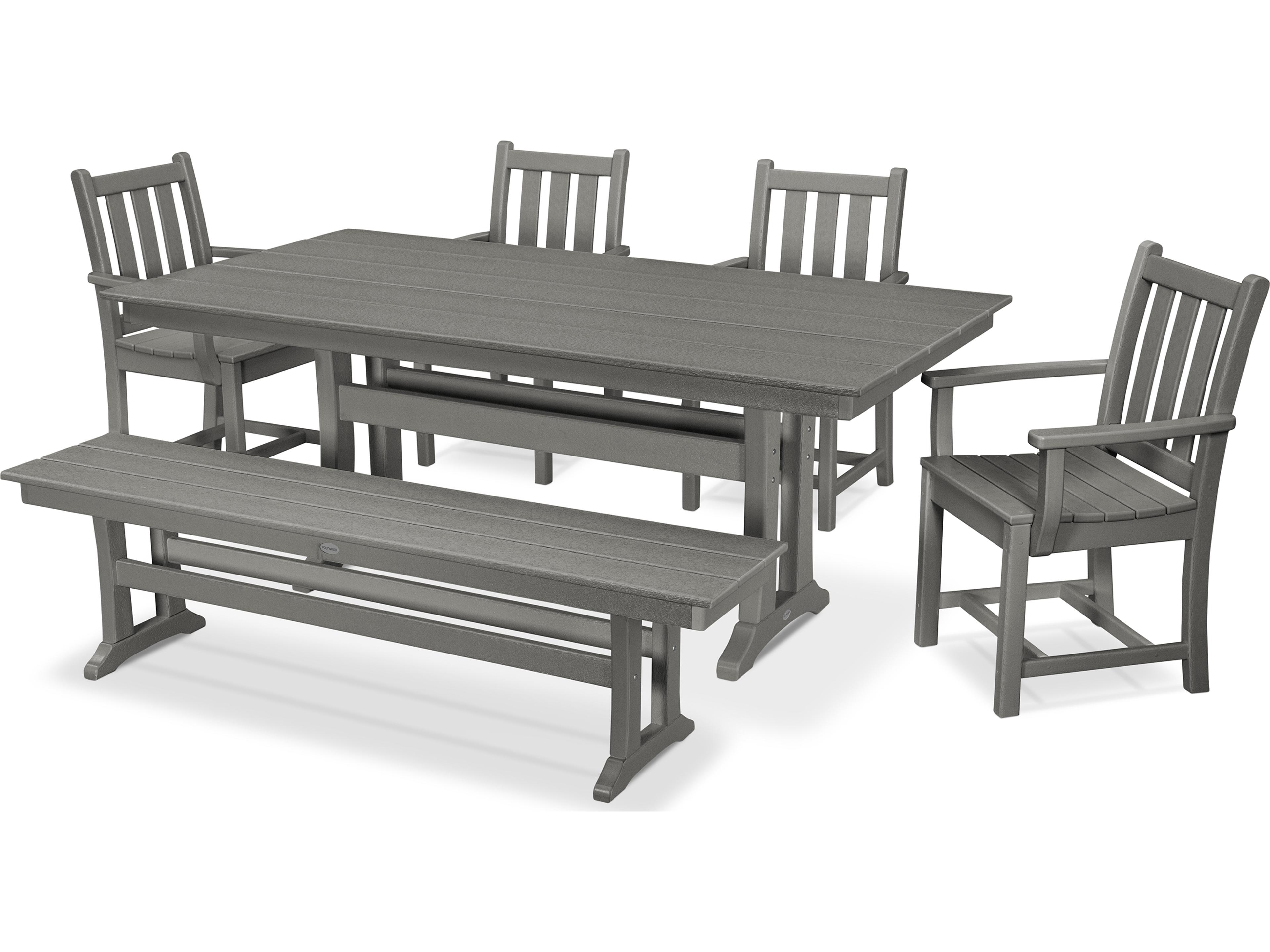 POLYWOOD® Traditional Recycled Plastic 6 Piece Farmhouse Patio Dining Set with Bench