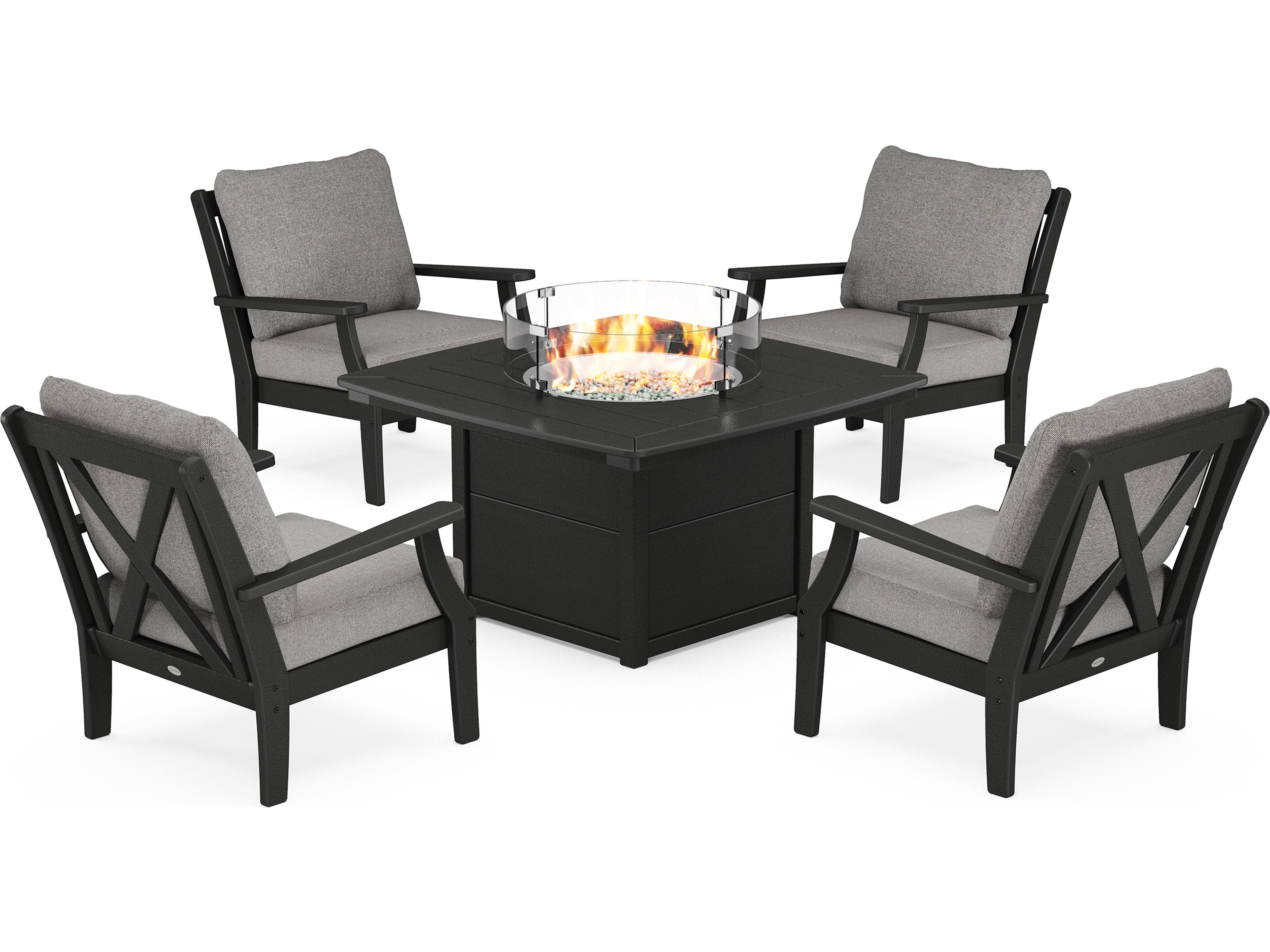 POLYWOOD® Braxton Recycled Plastic 5 Piece Deep Seating Firepit Outdoor Patio Lounge Set