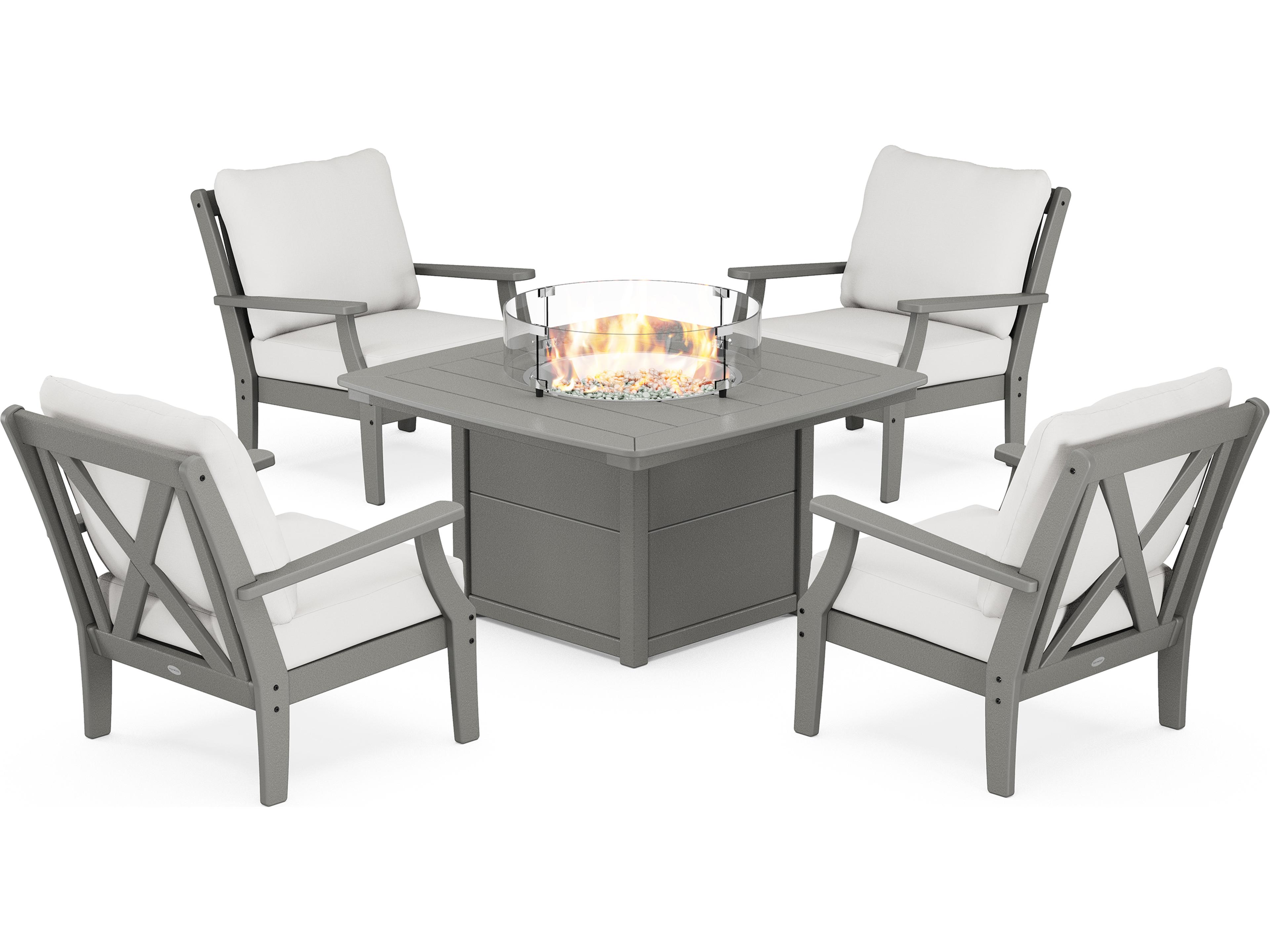 POLYWOOD® Braxton Recycled Plastic 5 Piece Deep Seating Firepit Outdoor Patio Lounge Set