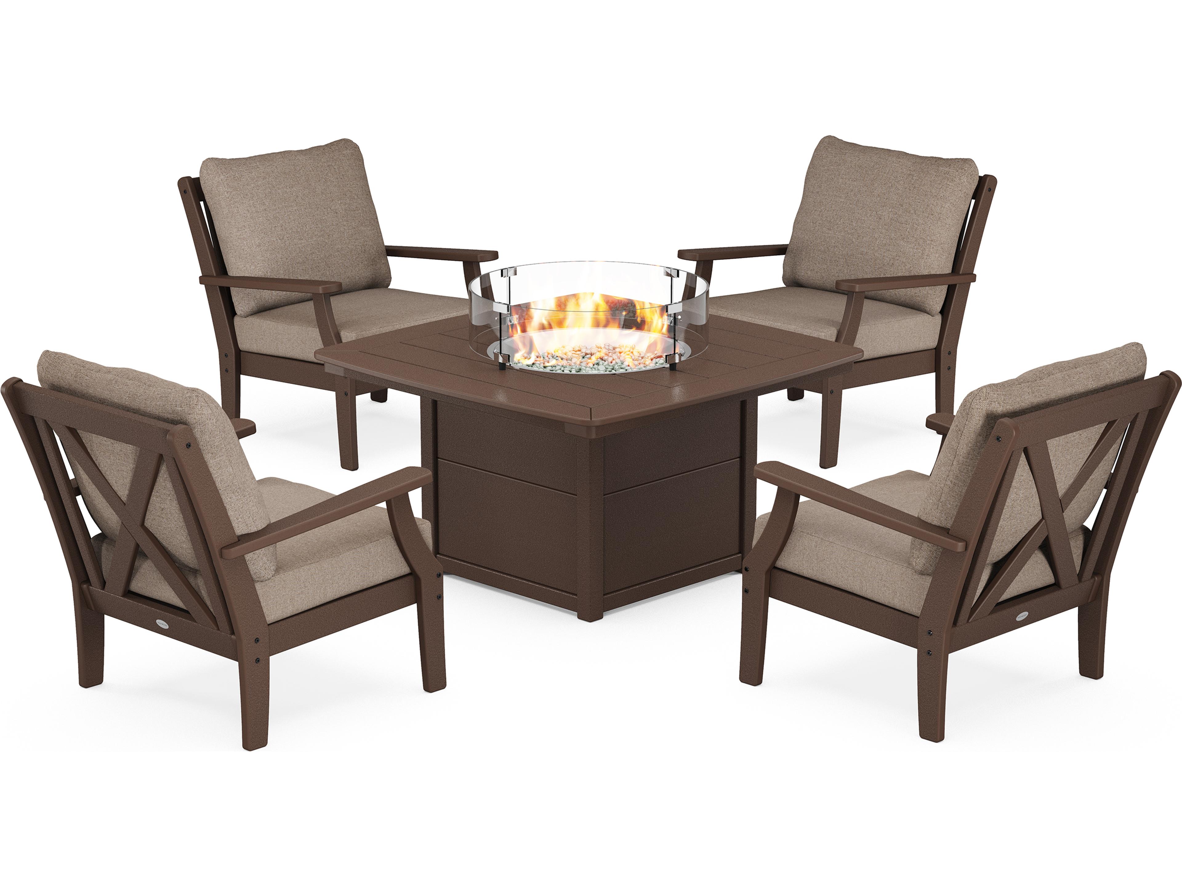 POLYWOOD® Braxton Recycled Plastic 5 Piece Deep Seating Firepit Outdoor Patio Lounge Set