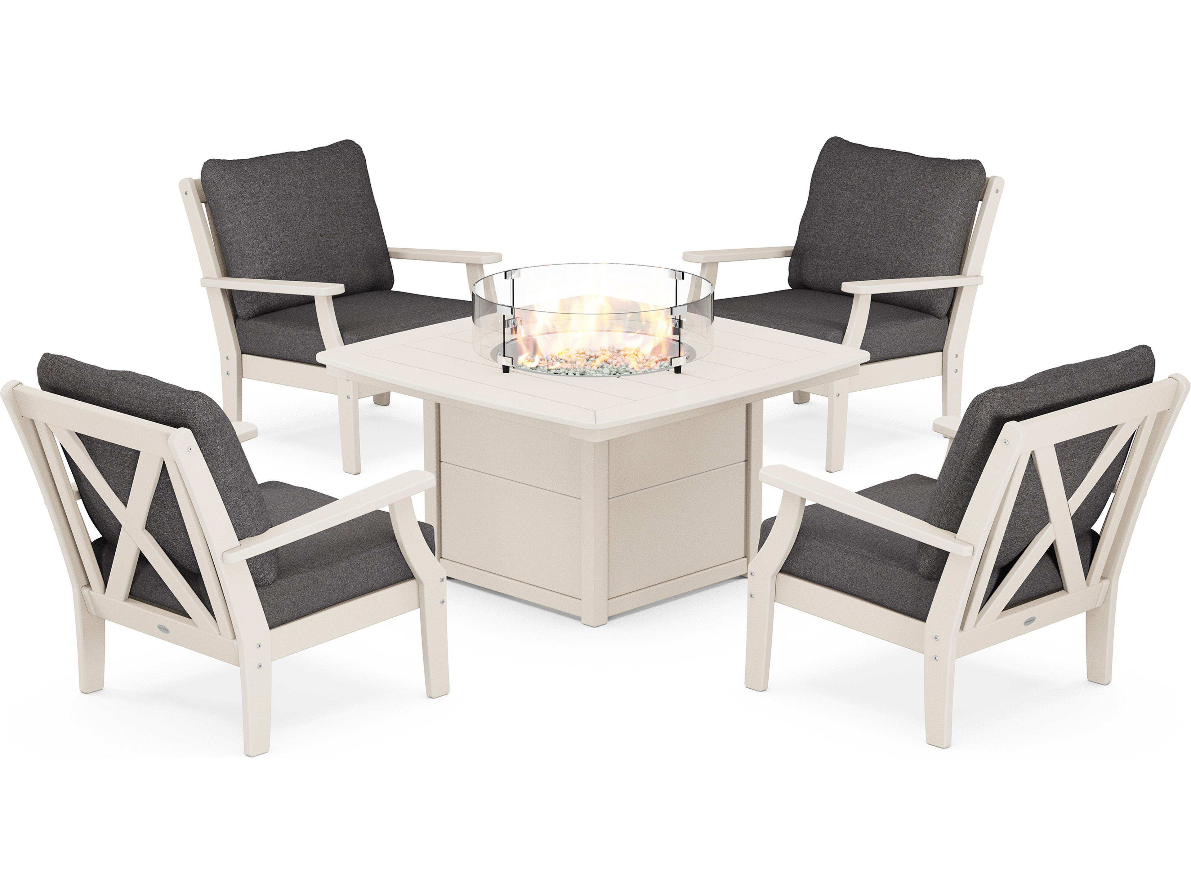 POLYWOOD® Braxton Recycled Plastic 5 Piece Deep Seating Firepit Outdoor Patio Lounge Set