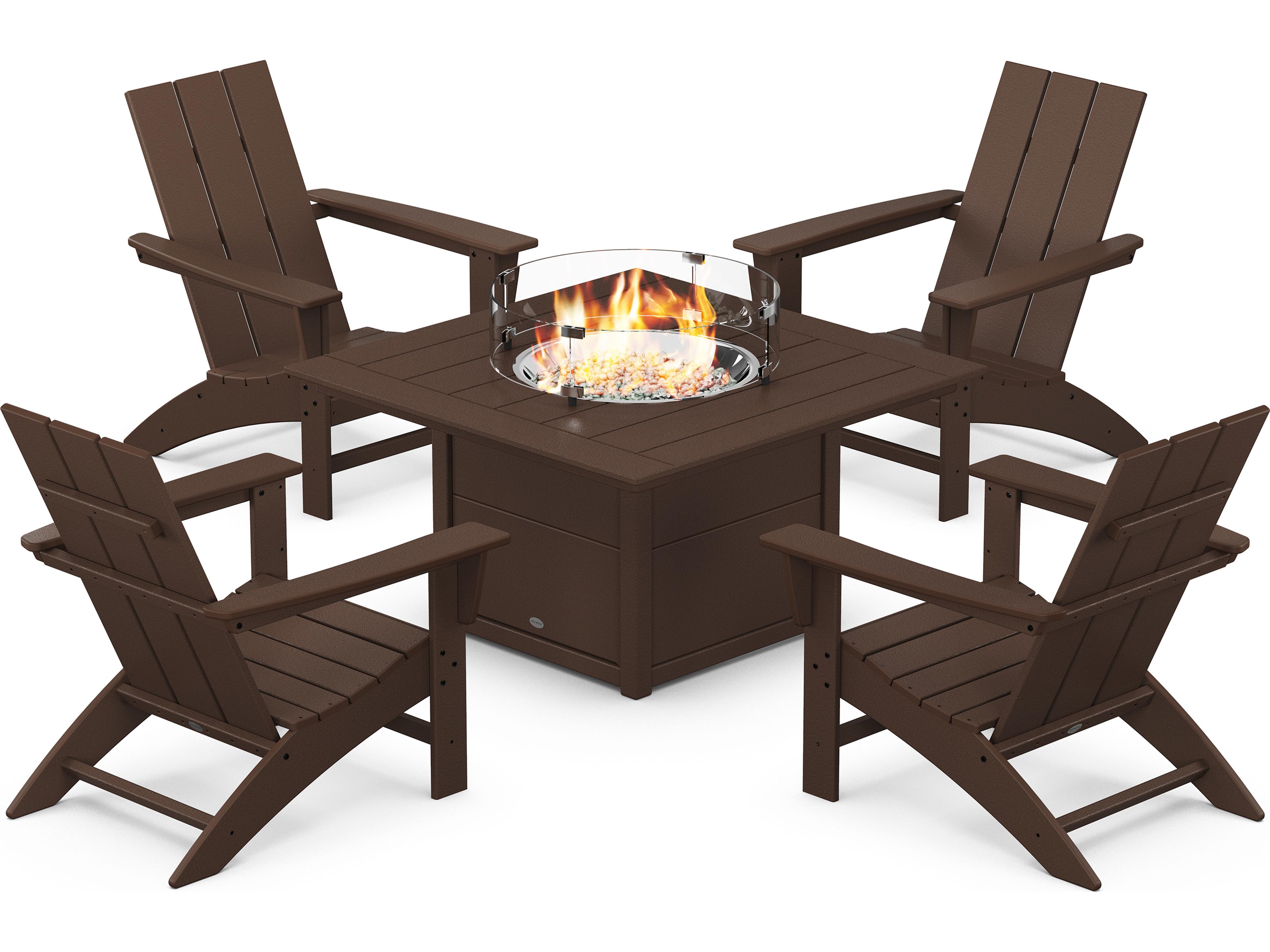 Modern Recycled Plastic 5 Piece Adirondack Fire Pit Outdoor Patio Lounge Set