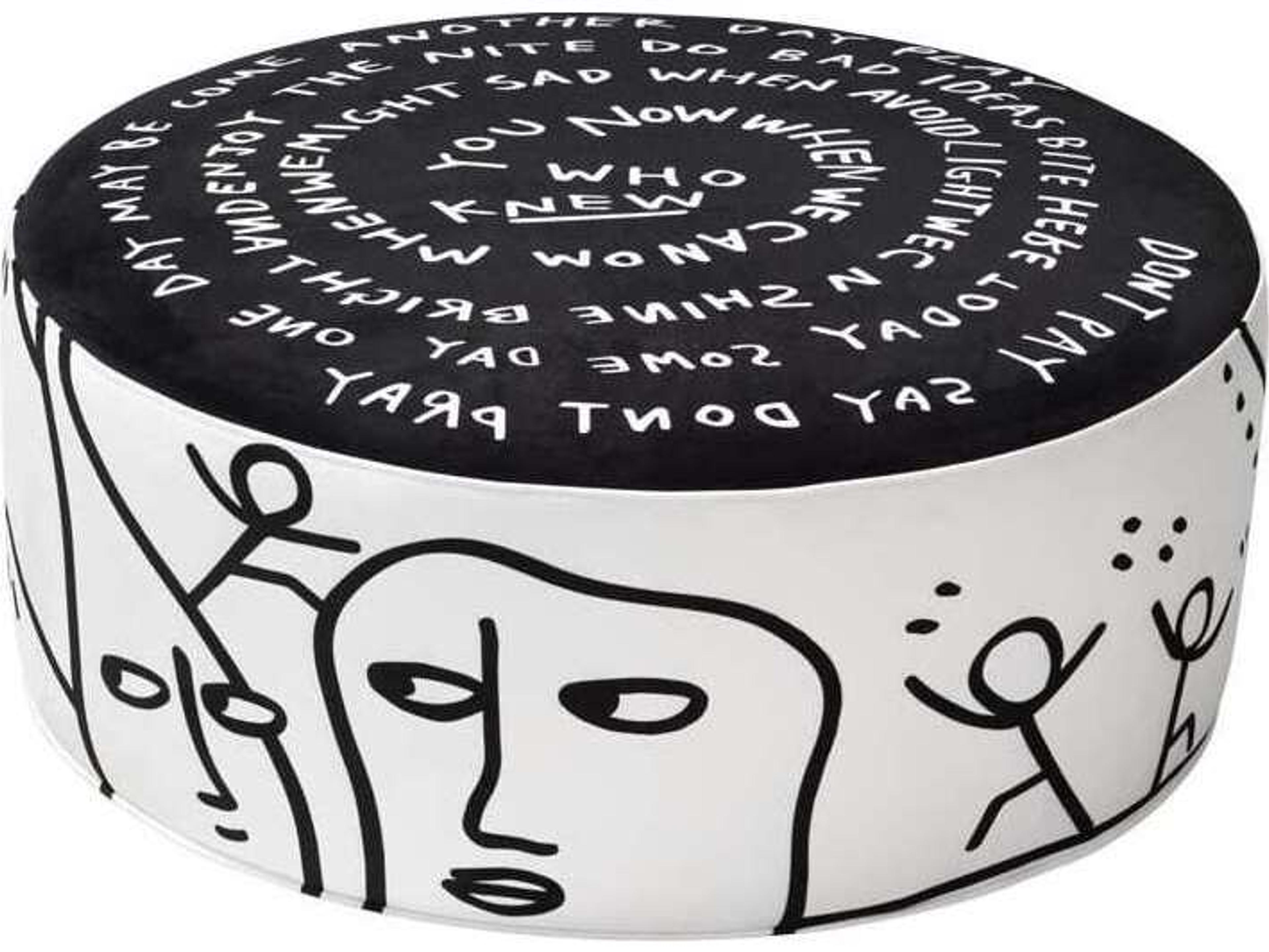 Linescapes White Black Eclipse Etching Upholstered Pouf