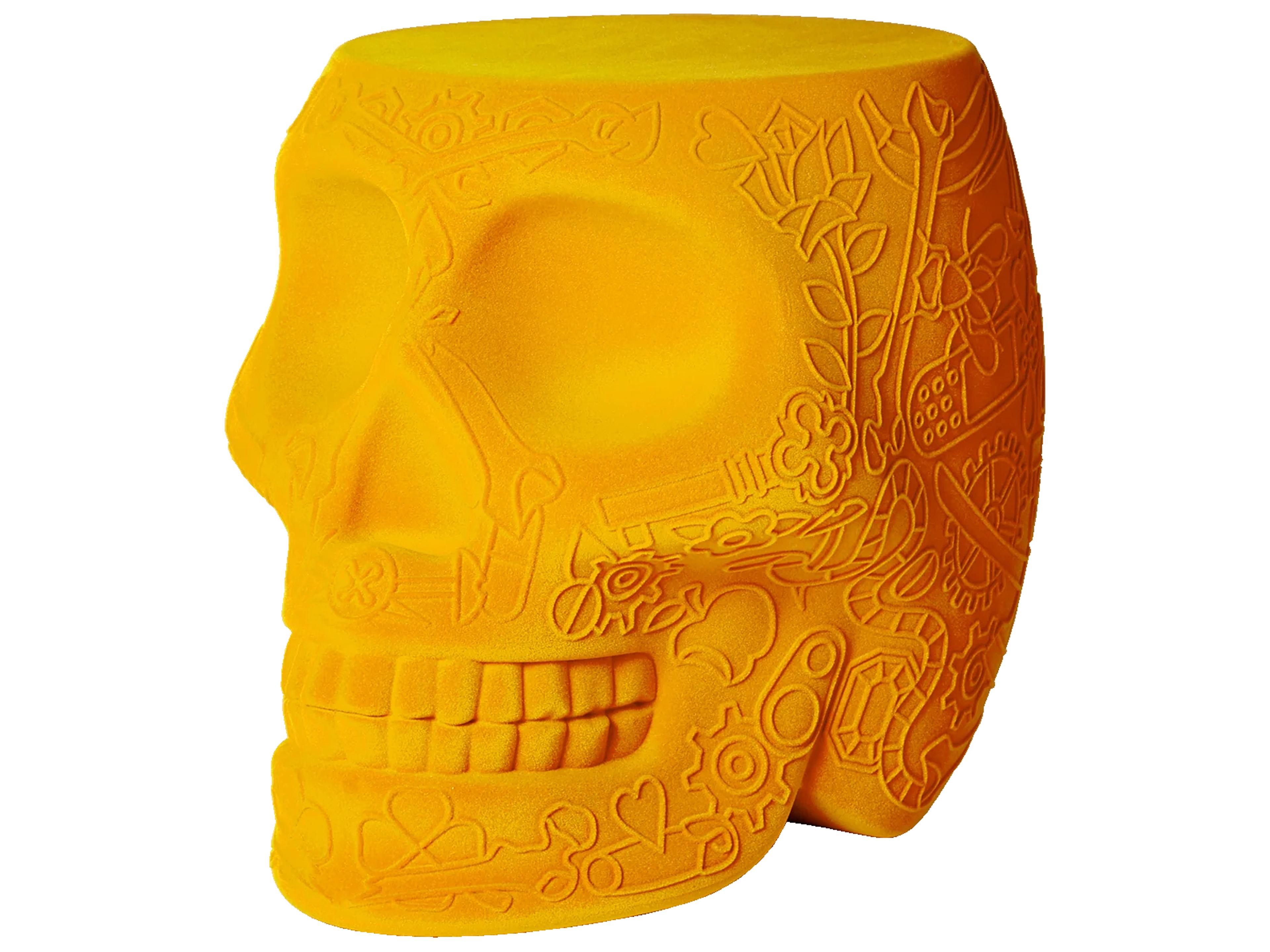 Qeeboo Mexico Dark Gold Velvet Upholstered Accent Stool and Side Table