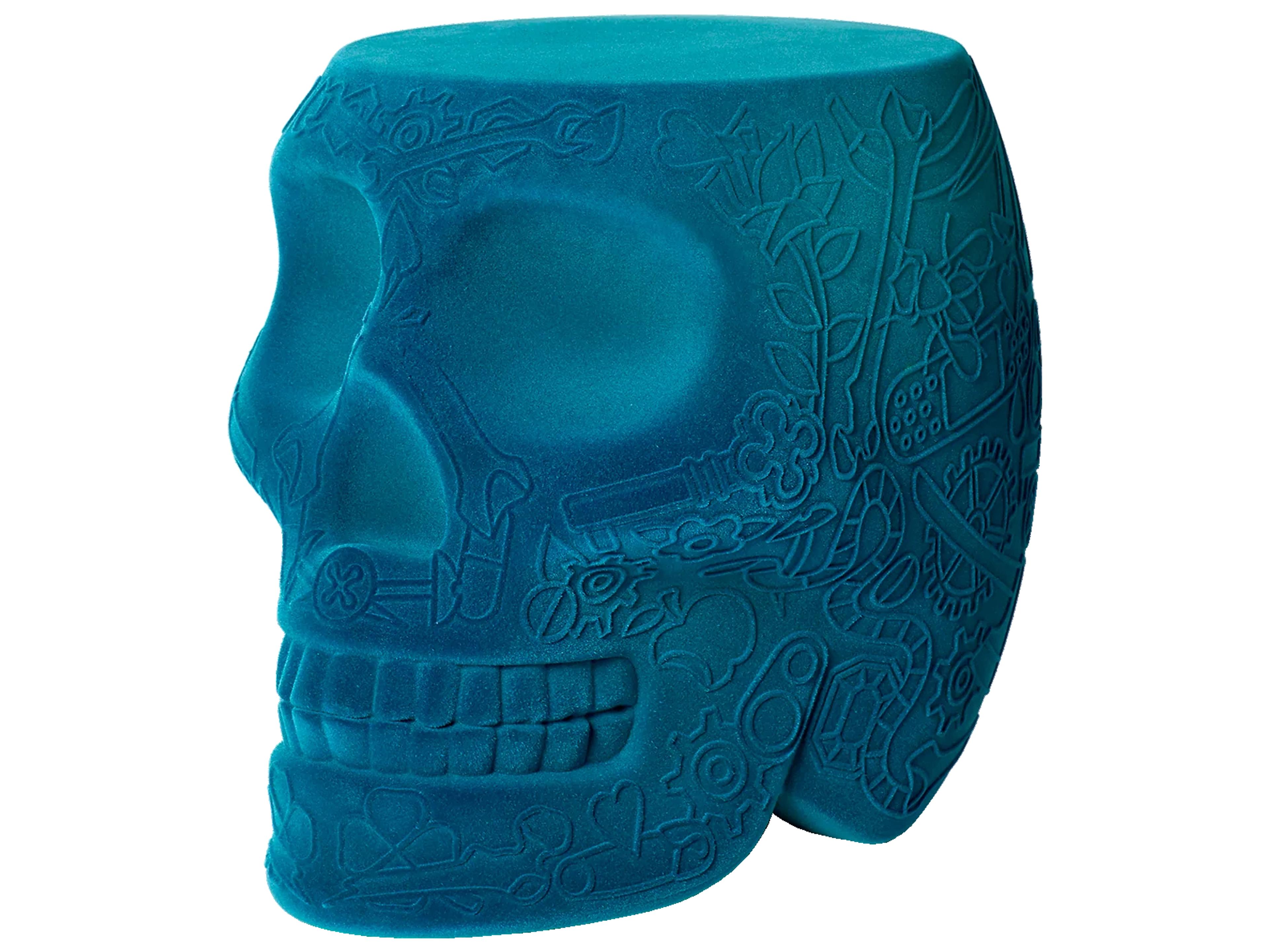 Qeeboo Mexico Light Blue Velvet Upholstered Accent Stool and Side Table