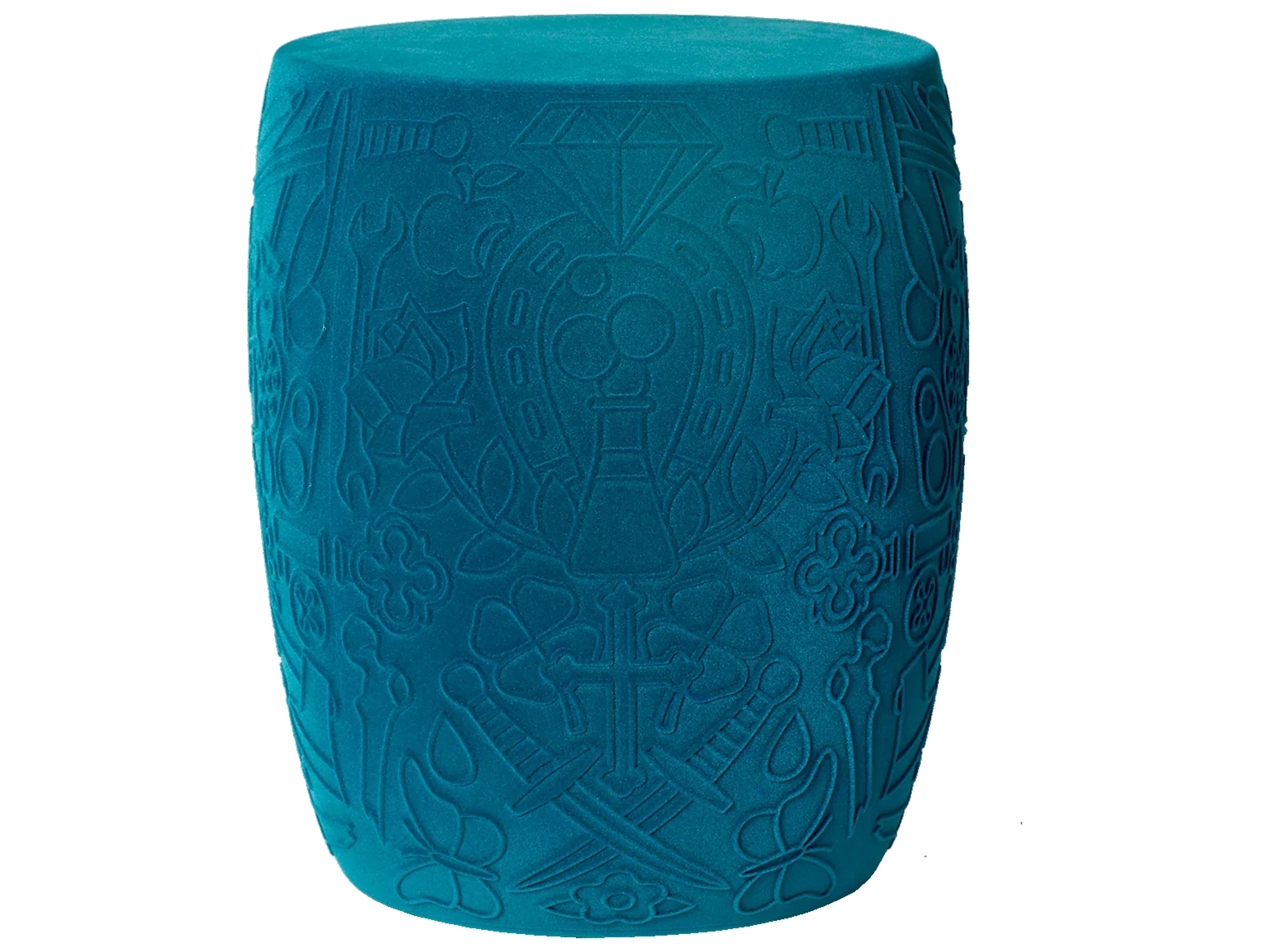 Qeeboo Mexico Light Blue Velvet Upholstered Accent Stool and Side Table