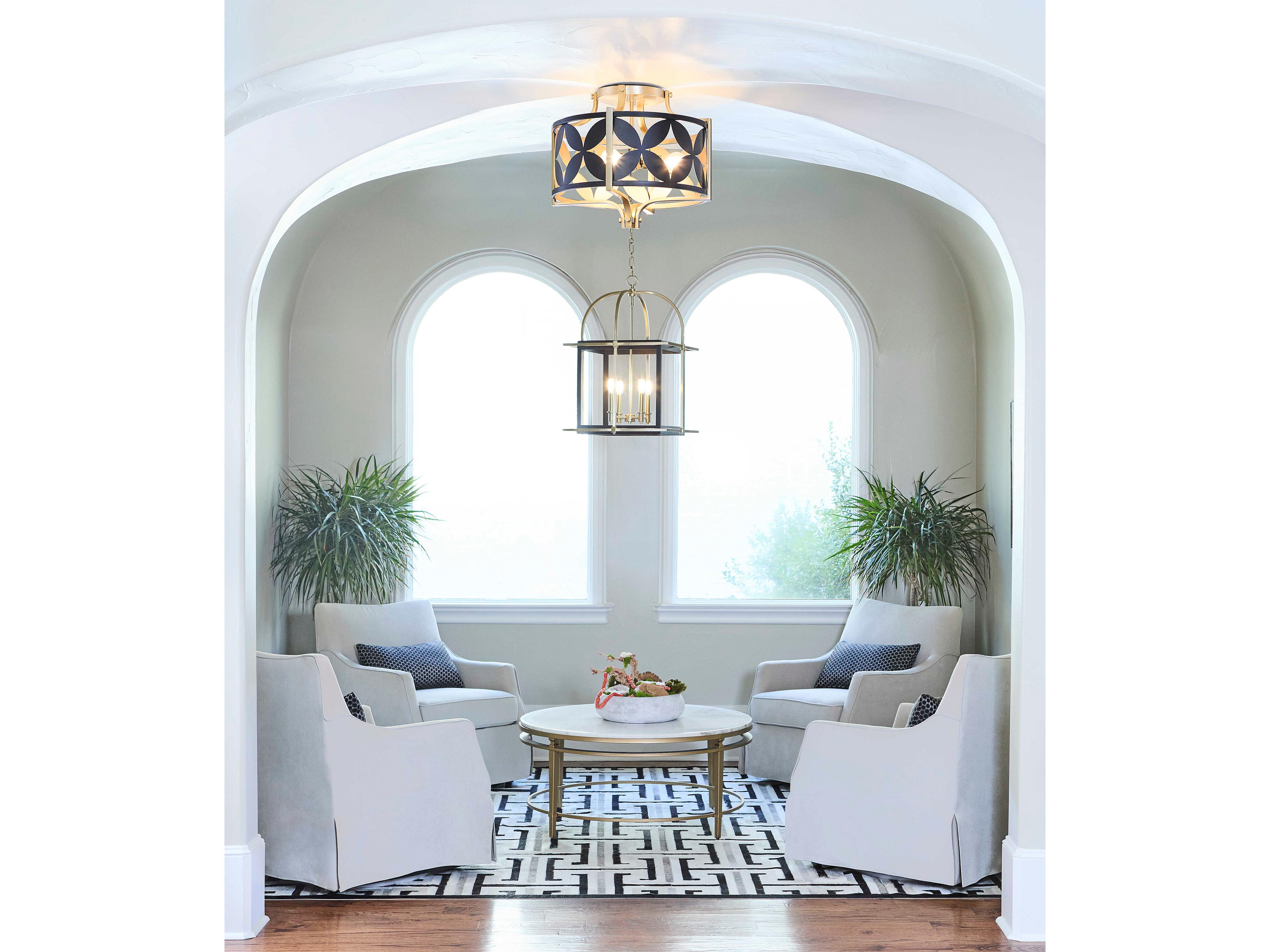 Quorum Mariposa 3-Light Matte Black Aged Brass Drum Geometric Semi Flush Mount