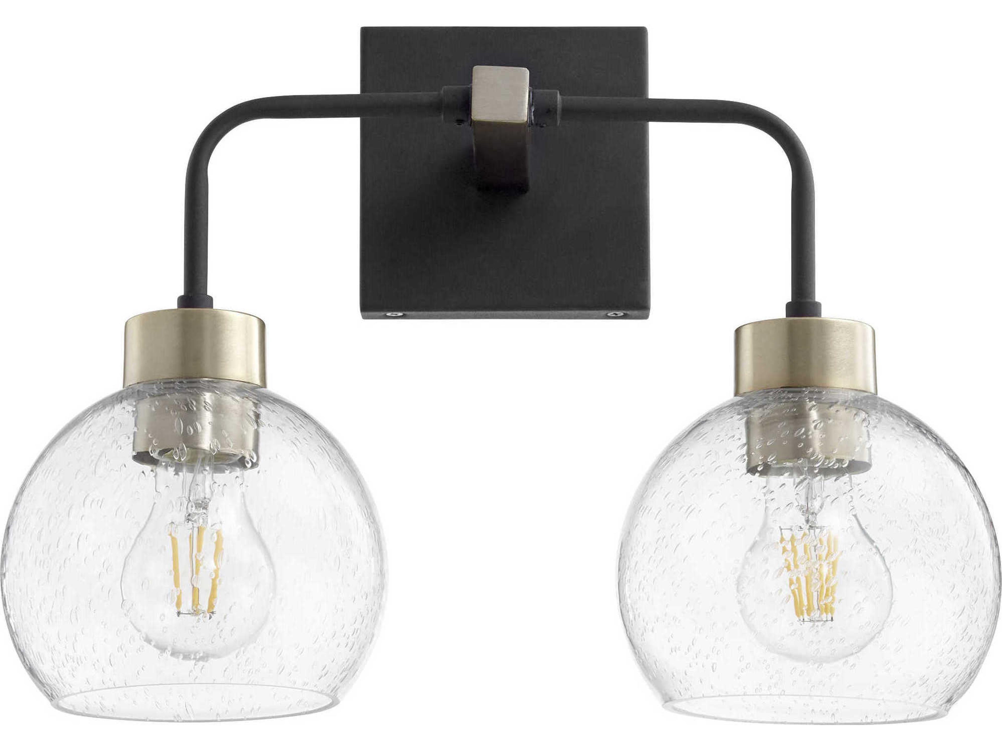 Lacy 2-Light Noir With Aged Brass Black Glass Vanity Light