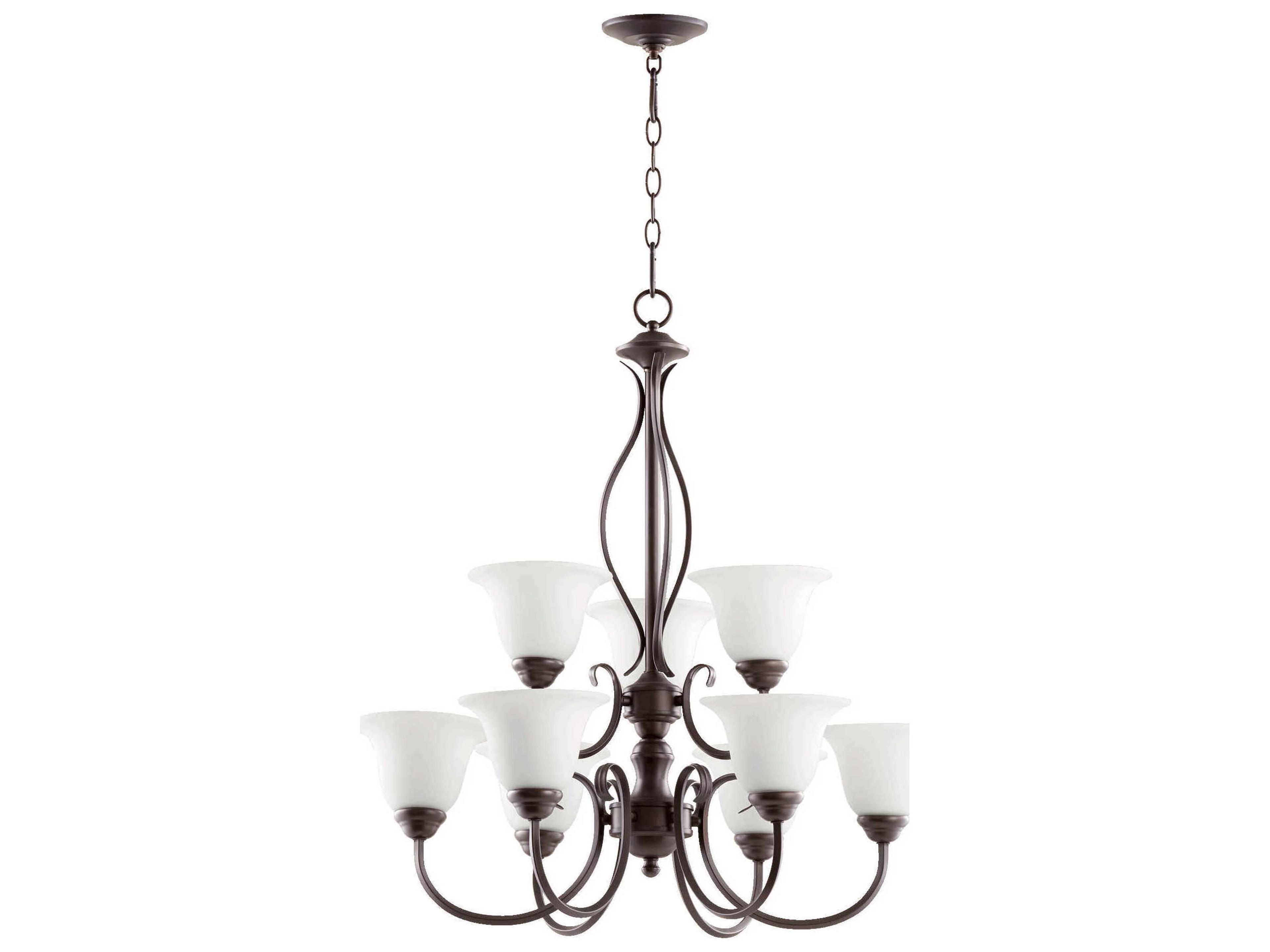 Spencer 9-Light Oiled Bronze With Satin Opal Glass Bell Tiered Chandelier